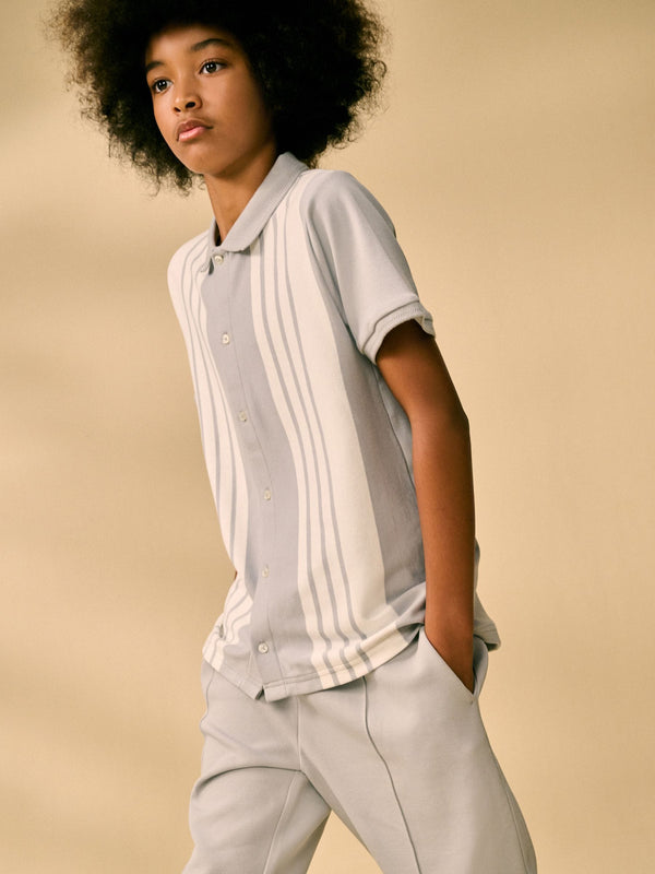 Grey/White 100% Cotton Stripe Button Through Short Sleeve Polo Shirt (3-16yrs)