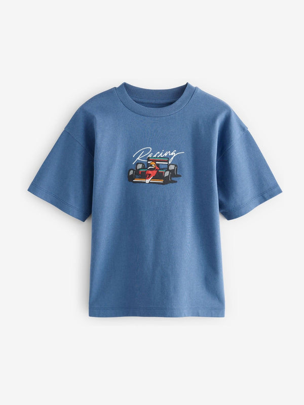 Blue Emrboidery Racing Car Relaxed Fit Short Sleeve Graphic T-Shirt (3-16yrs)