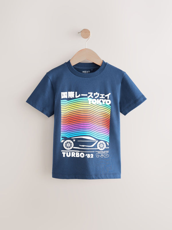 Navy Blue Rainbow Car 100% Cotton Short Sleeve Graphic Print T-Shirt (3-16yrs)