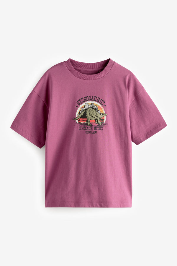 Berry Red Dino Relaxed Fit Short Sleeve Graphic T-Shirt (3-16yrs)