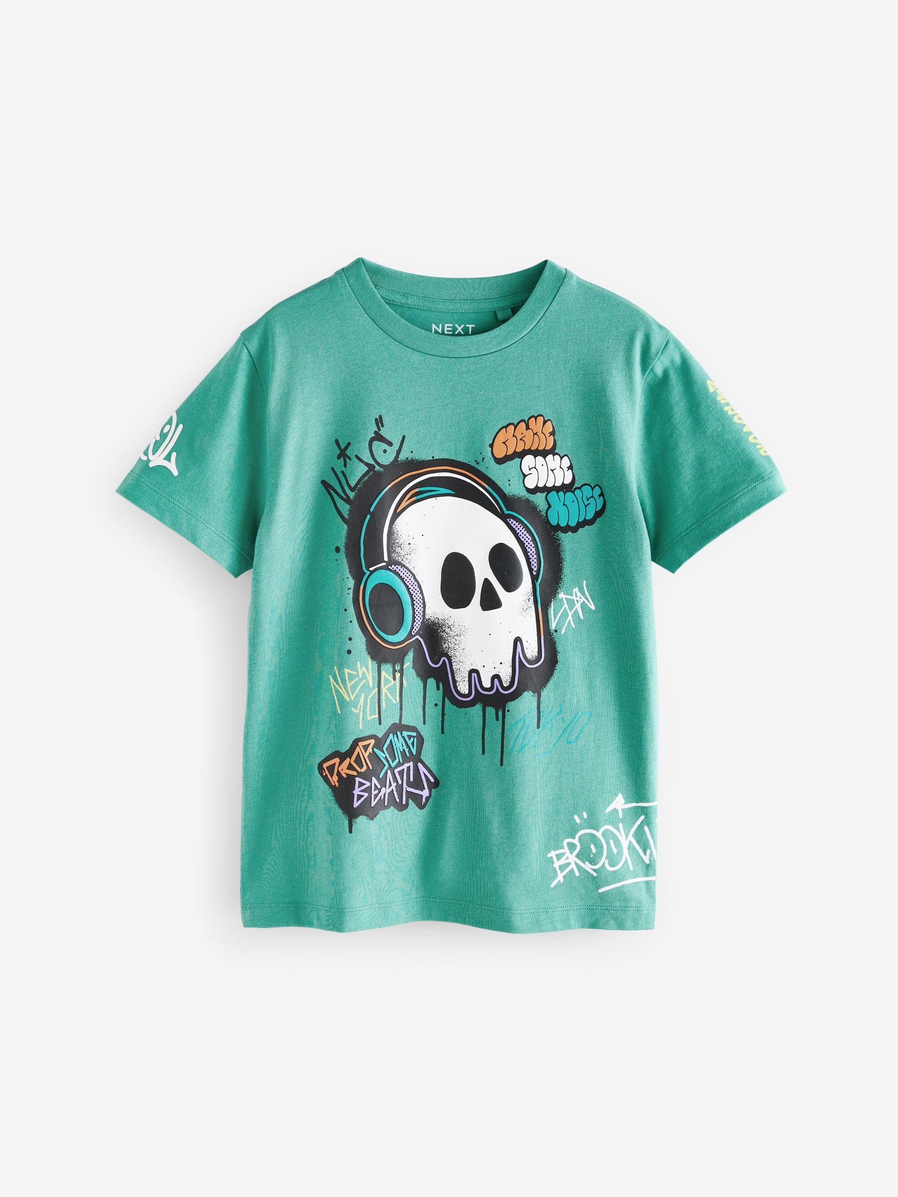 Green Graffiti Skull Short Sleeves Graphic 100% Cotton T-Shirt (3-16yrs)