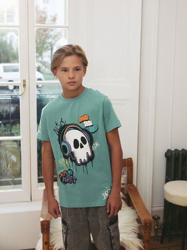 Green Graffiti Skull Short Sleeves Graphic 100% Cotton T-Shirt (3-16yrs)