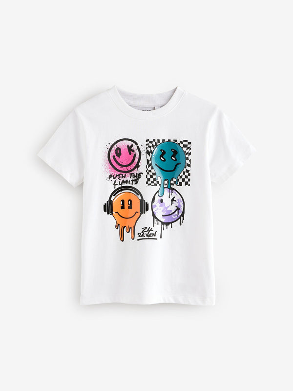 White Happy Face Short Sleeves Graphic 100% Cotton T-Shirt (3-16yrs)