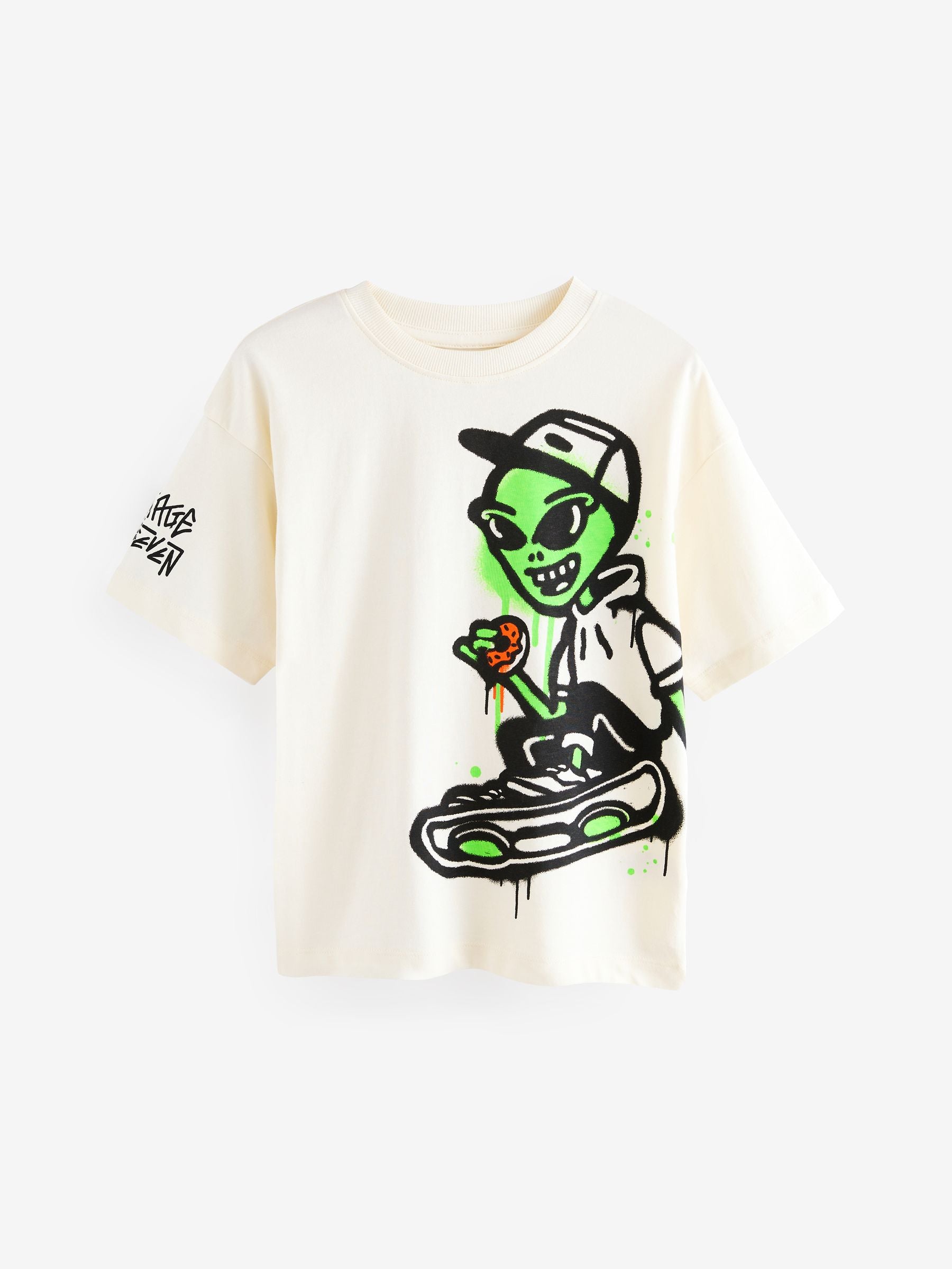 Ecru Cream Graffiti Alien 100% Cotton Relaxed Fit Short Sleeve Graphic T-Shirt (3-16yrs)