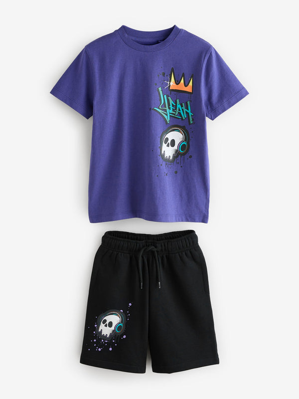 Black/Purple Grafitti Regular Fit Short Sleeve T-Shirt and Shorts Set (3-16yrs)