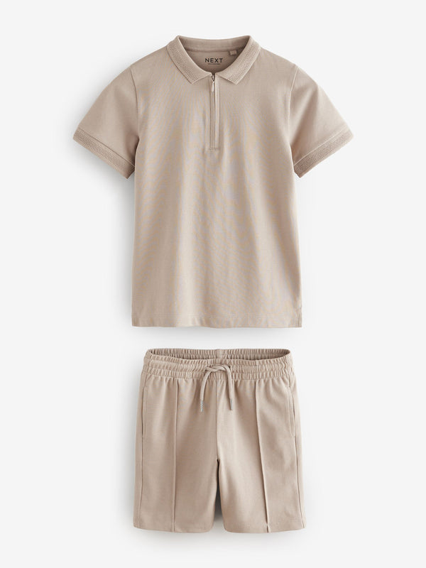 Stone Zip Neck Polo Shirt And Shorts Set (3-16yrs)