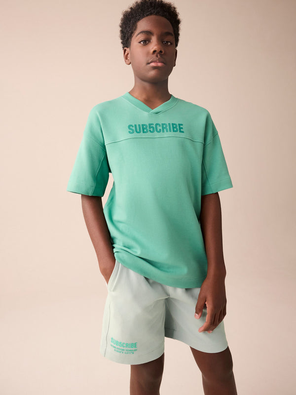 Mineral Green/Grey Subscribe V-Neck Short Sleeve T-Shirt and Shorts Set (3-16yrs)