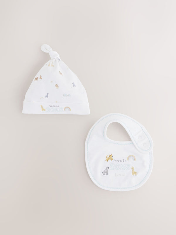 White Born in 2025 Hat and Bib Baby Set 2 Piece (0-12mths)