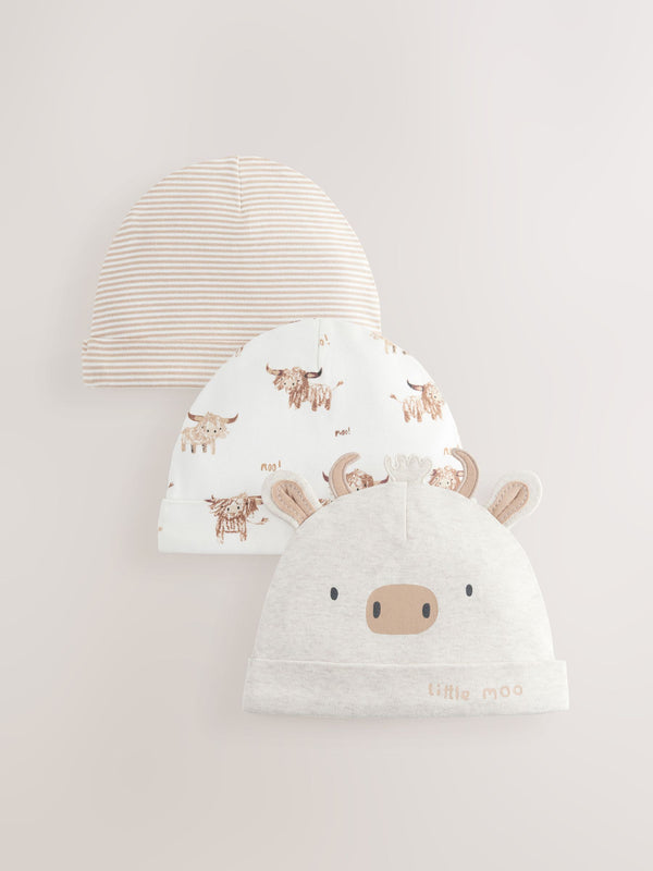 Neutral Hamish Baby 100% Cotton Beanies 3 Pack (0-18mths)