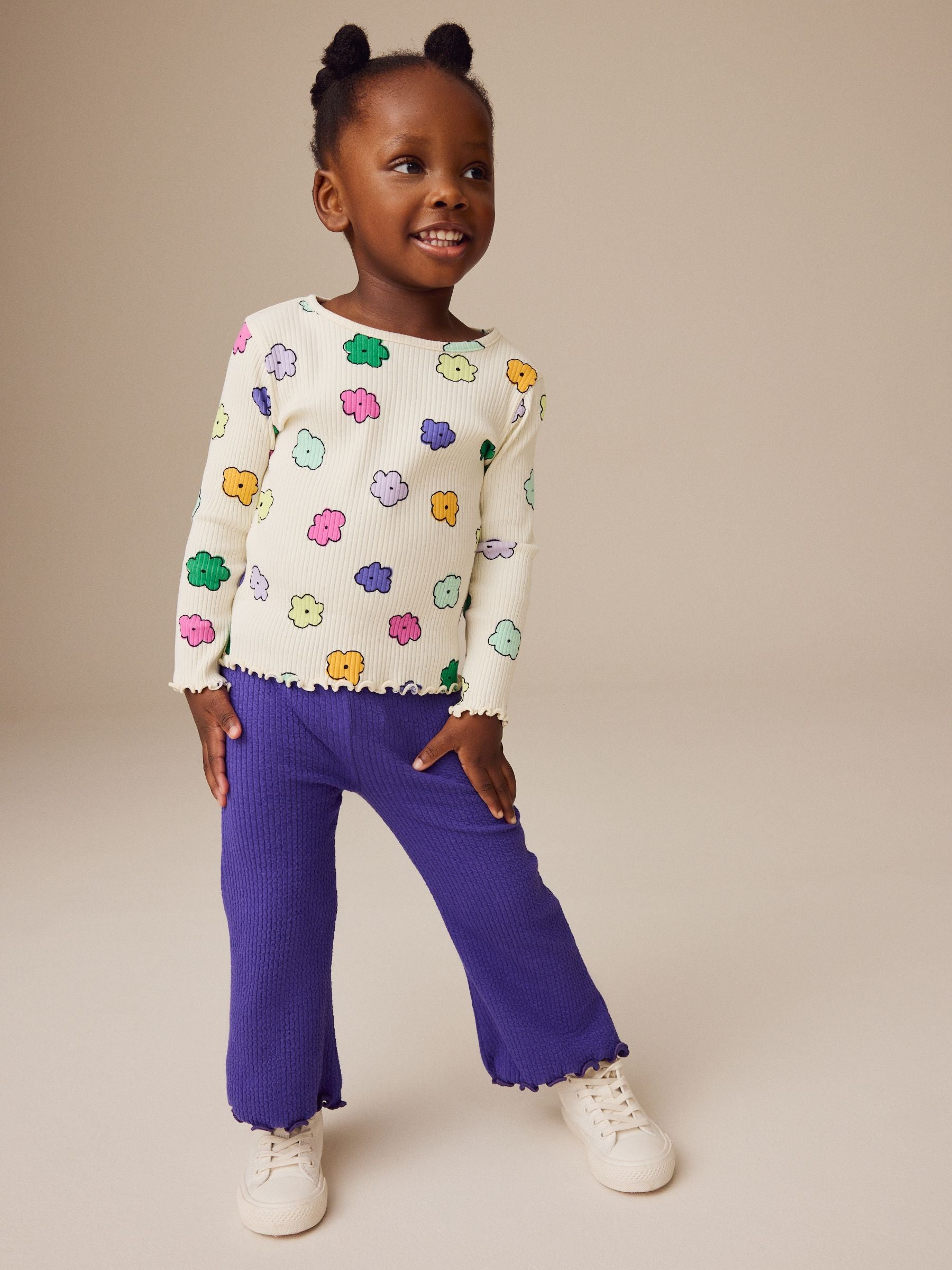 Cream Rainbow Flowers Rib Long Sleeve T-Shirt (3mths-7yrs)