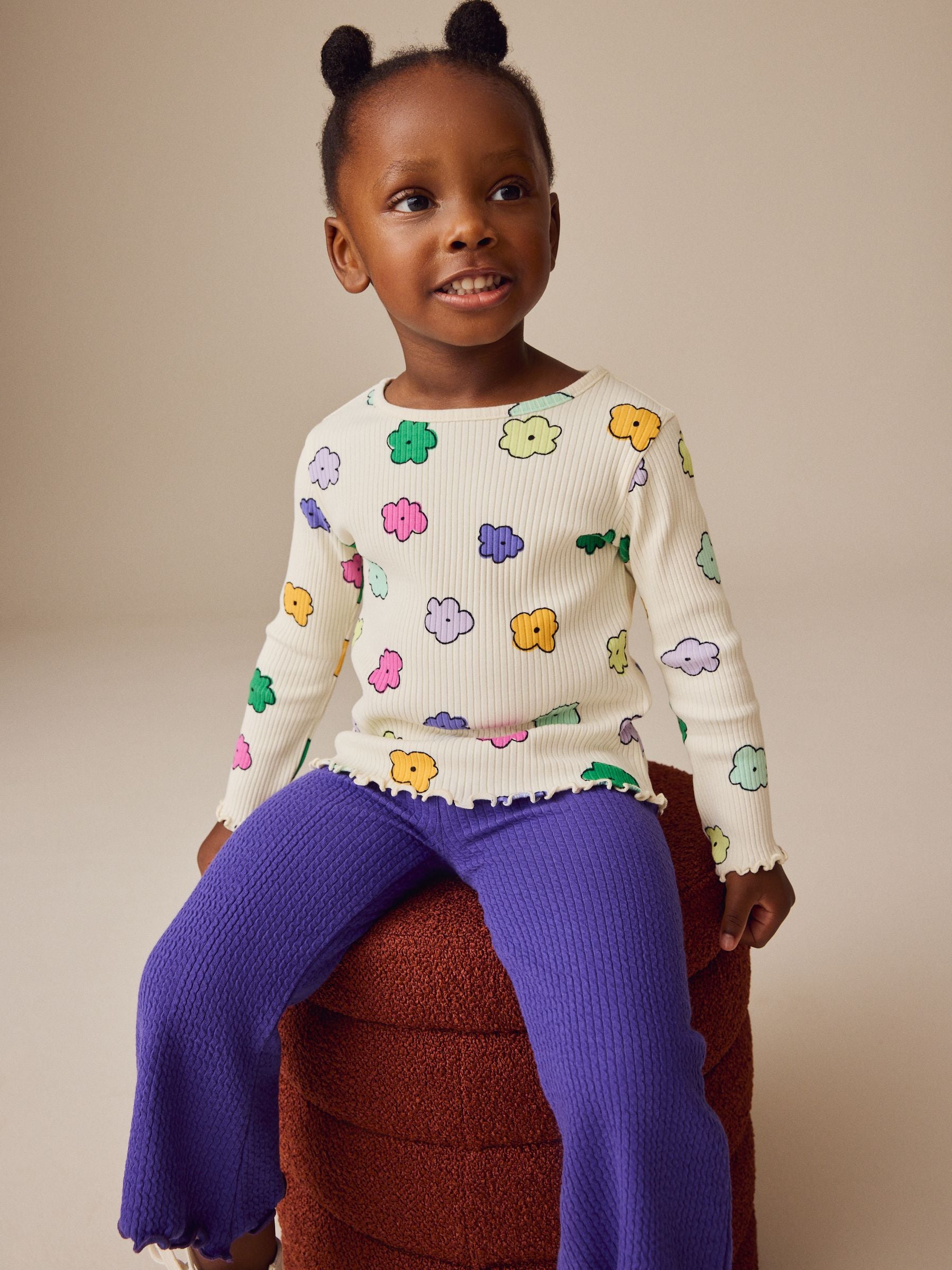 Cream Rainbow Flowers Rib Long Sleeve T-Shirt (3mths-7yrs)