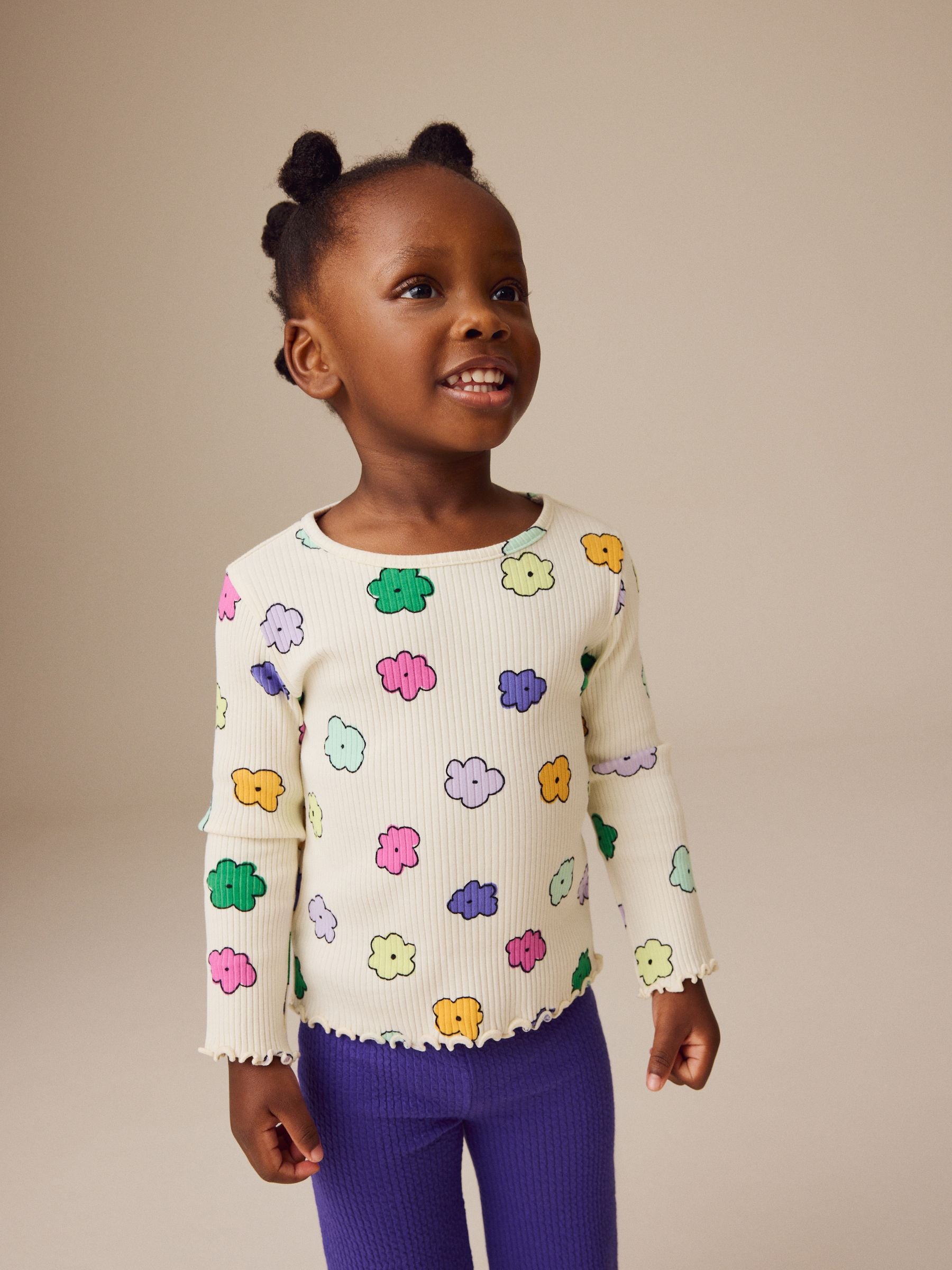 Cream Rainbow Flowers Rib Long Sleeve T-Shirt (3mths-7yrs)