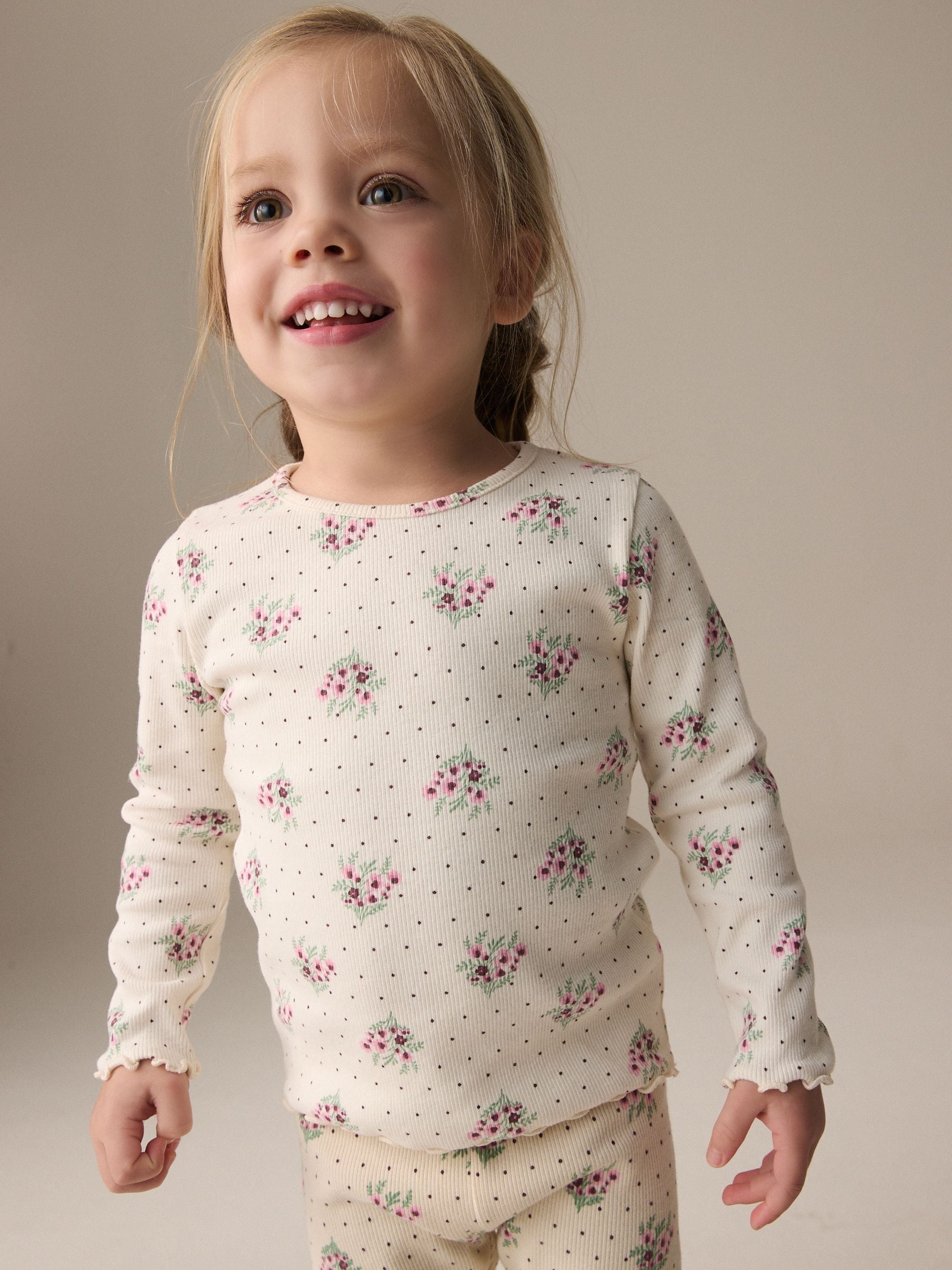 Cream Ditsy Floral Rib Long Sleeve T-Shirt (3mths-7yrs)