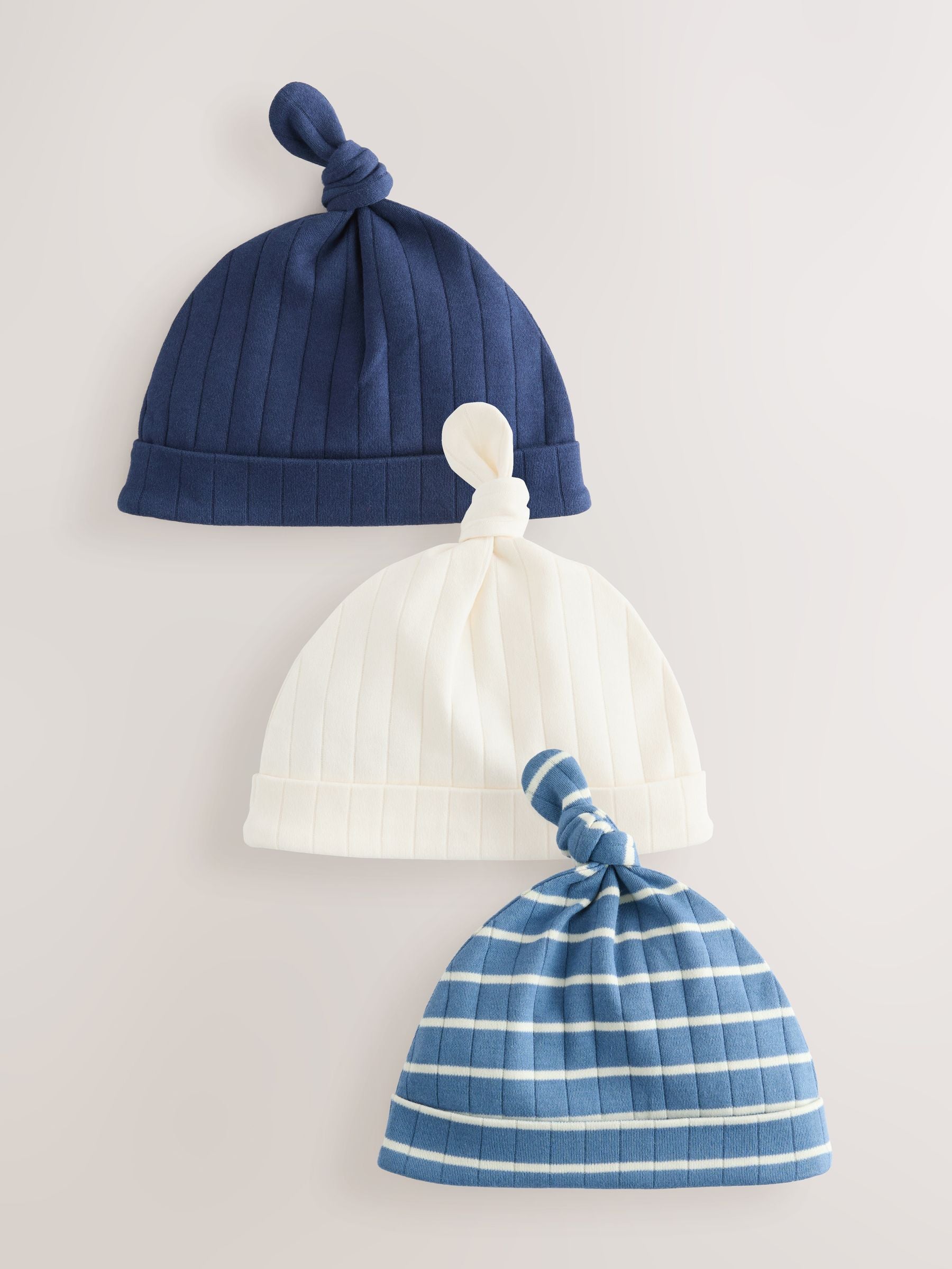 Blue Tie Top 100% Cotton Hats 3 Pack (0-18mths)