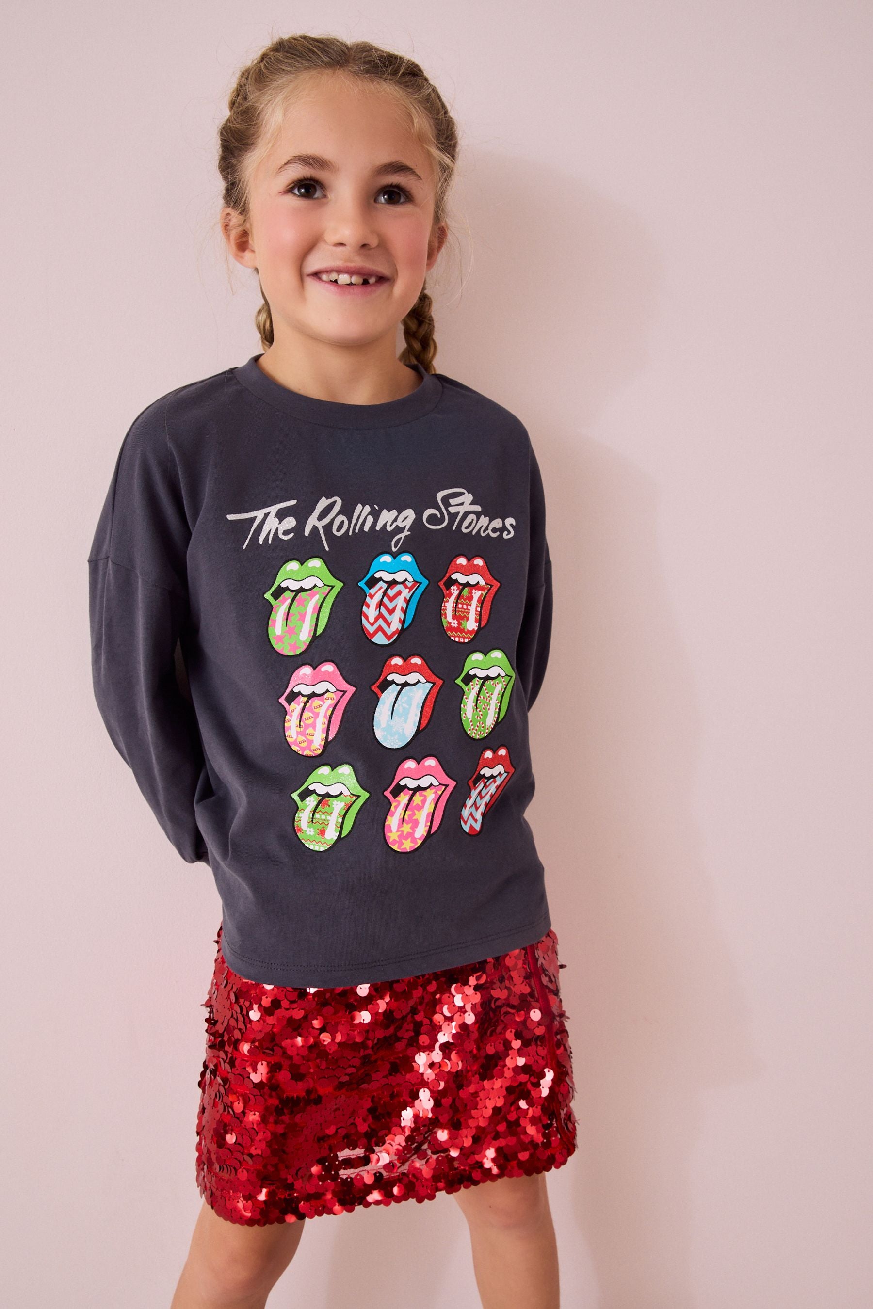 Charcoal Grey Rolling Stones Christmas Long Sleeve 100% Cotton Top (3-16yrs)