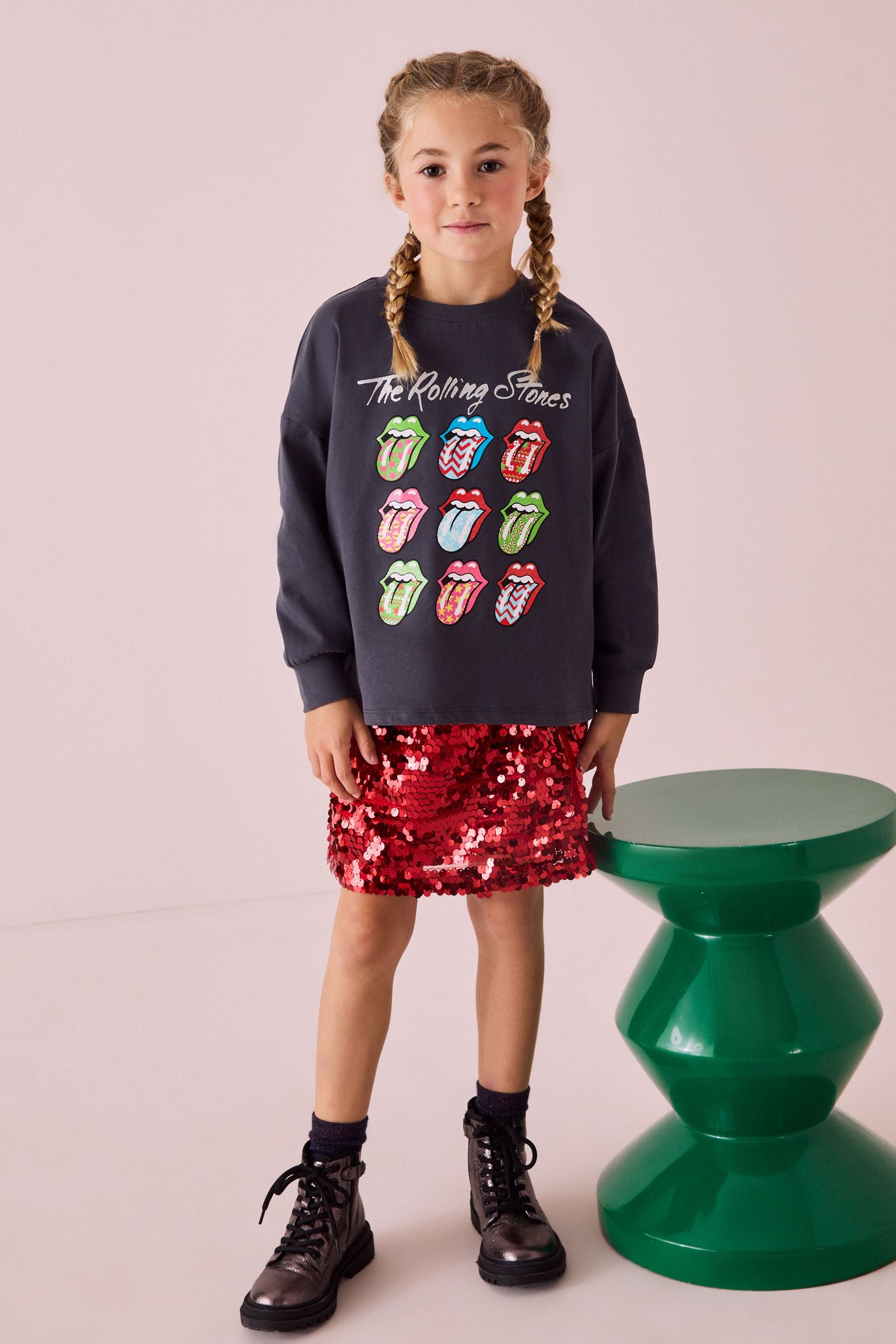 Charcoal Grey Rolling Stones Christmas Long Sleeve 100% Cotton Top (3-16yrs)