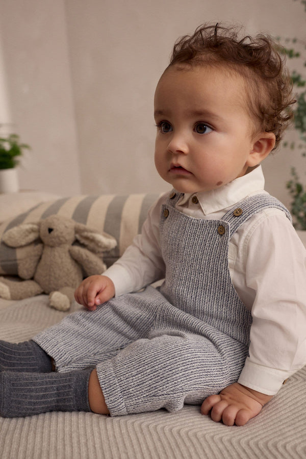 Grey/White Baby Woven 100% Cotton Dungaree and Bodysuit Set (0mths-3yrs)