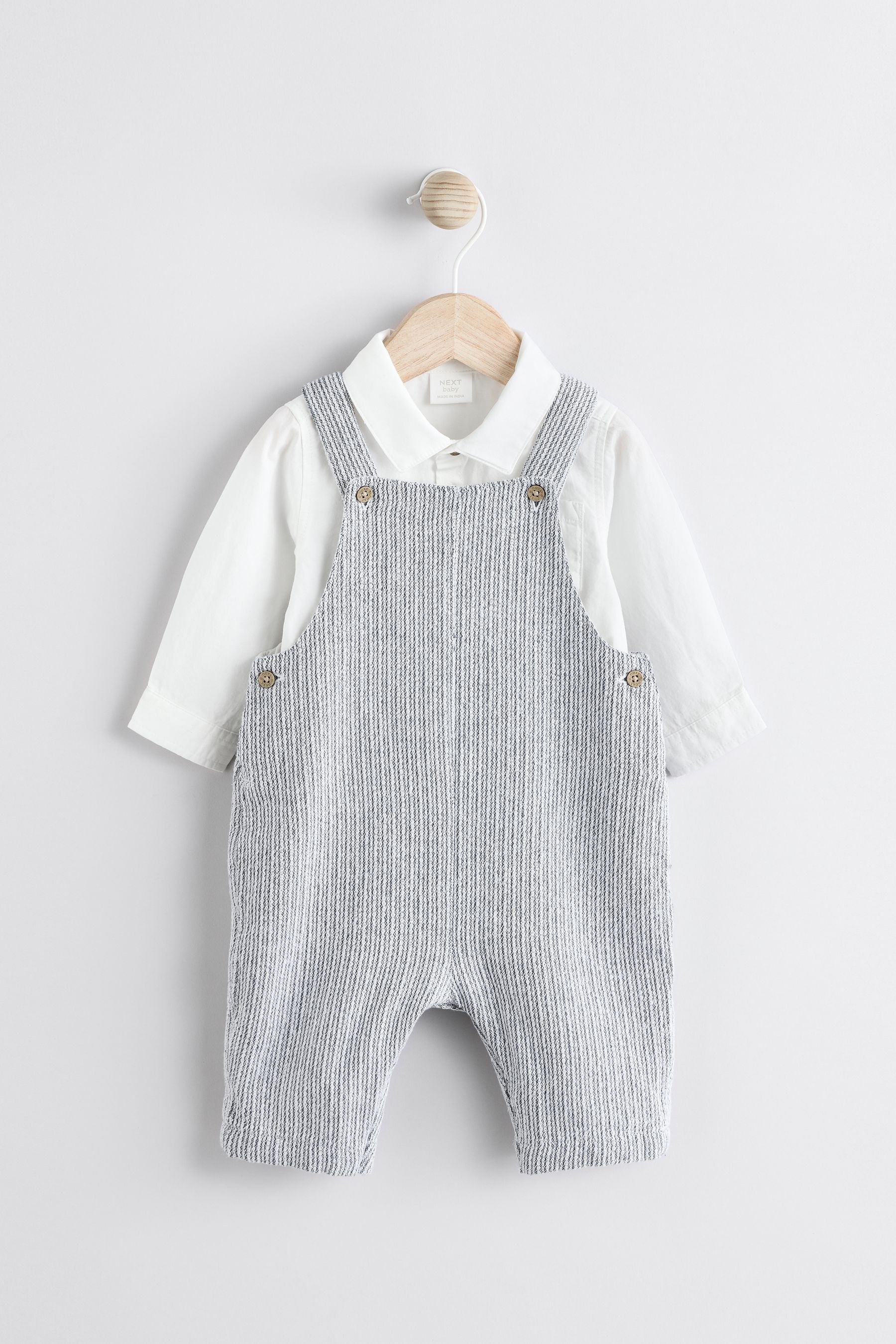 Grey/White Baby Woven 100% Cotton Dungaree and Bodysuit Set (0mths-3yrs)