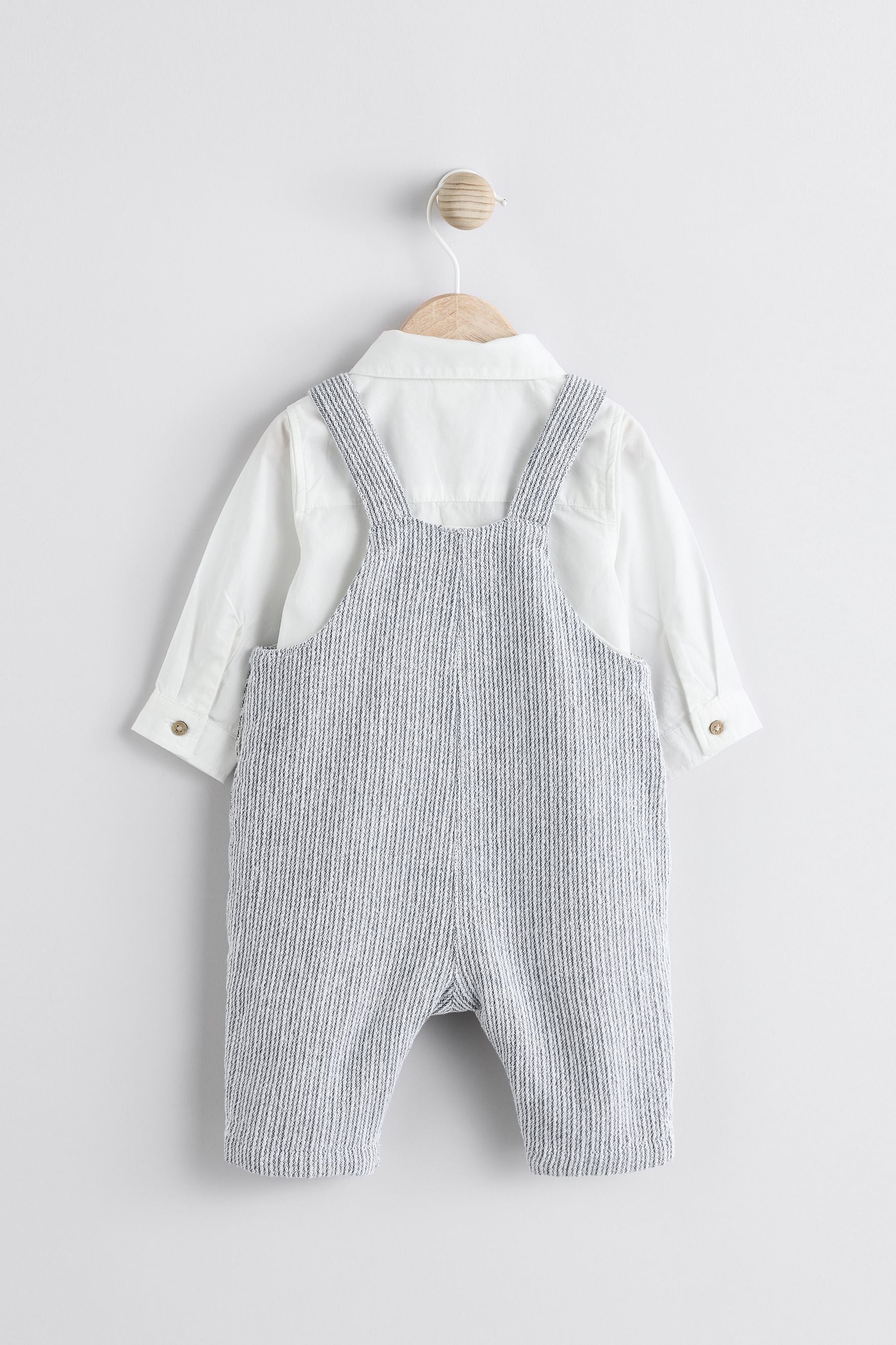 Grey/White Baby Woven 100% Cotton Dungaree and Bodysuit Set (0mths-3yrs)