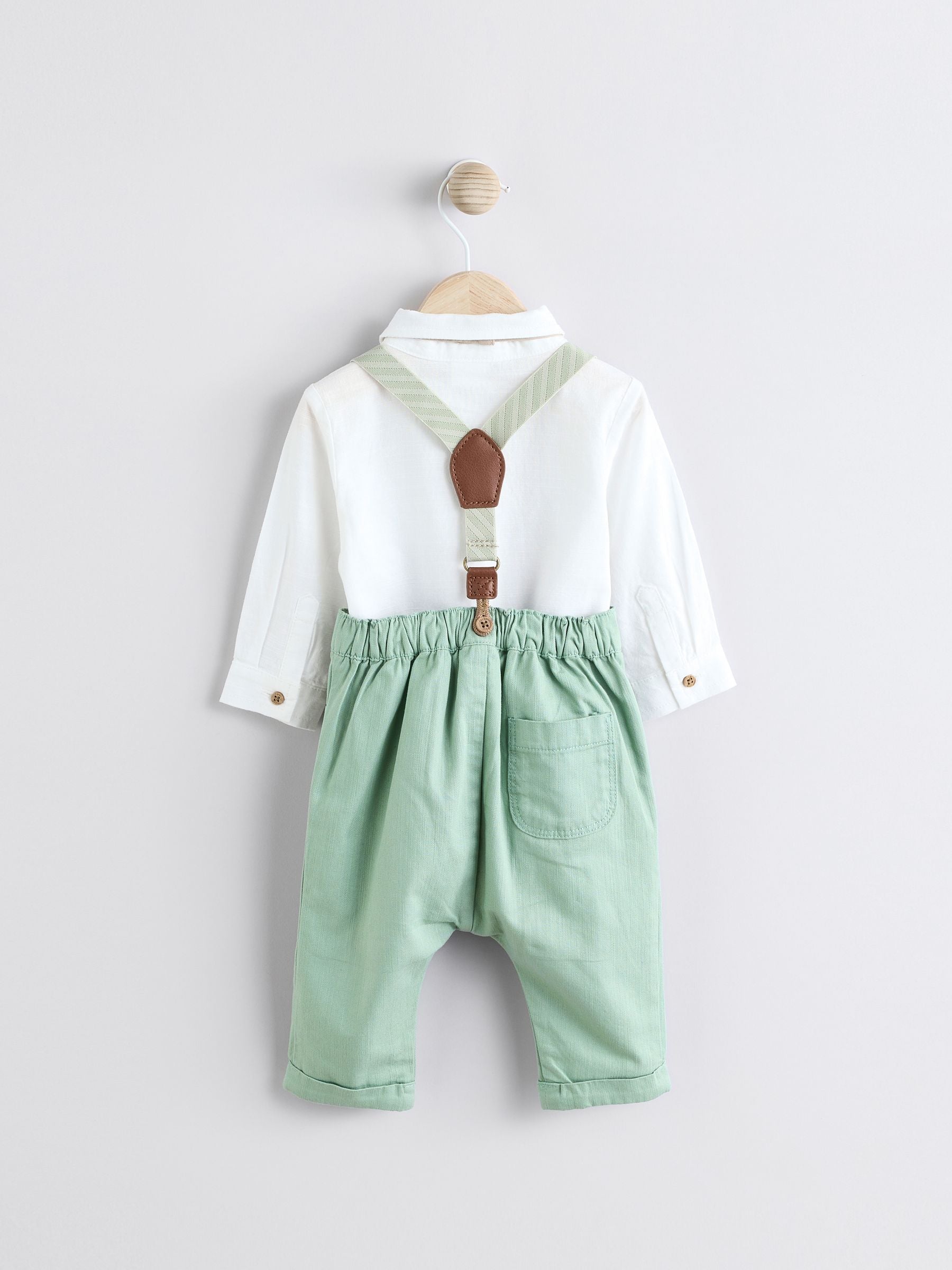 Sage Green Baby 100% Cotton Shirt Trousers and Braces Set 4 Piece (0mths-2yrs)