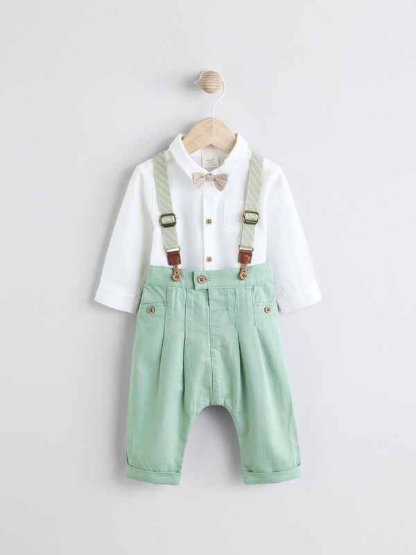 Sage Green Baby 100% Cotton Shirt Trousers and Braces Set 4 Piece (0mths-2yrs)