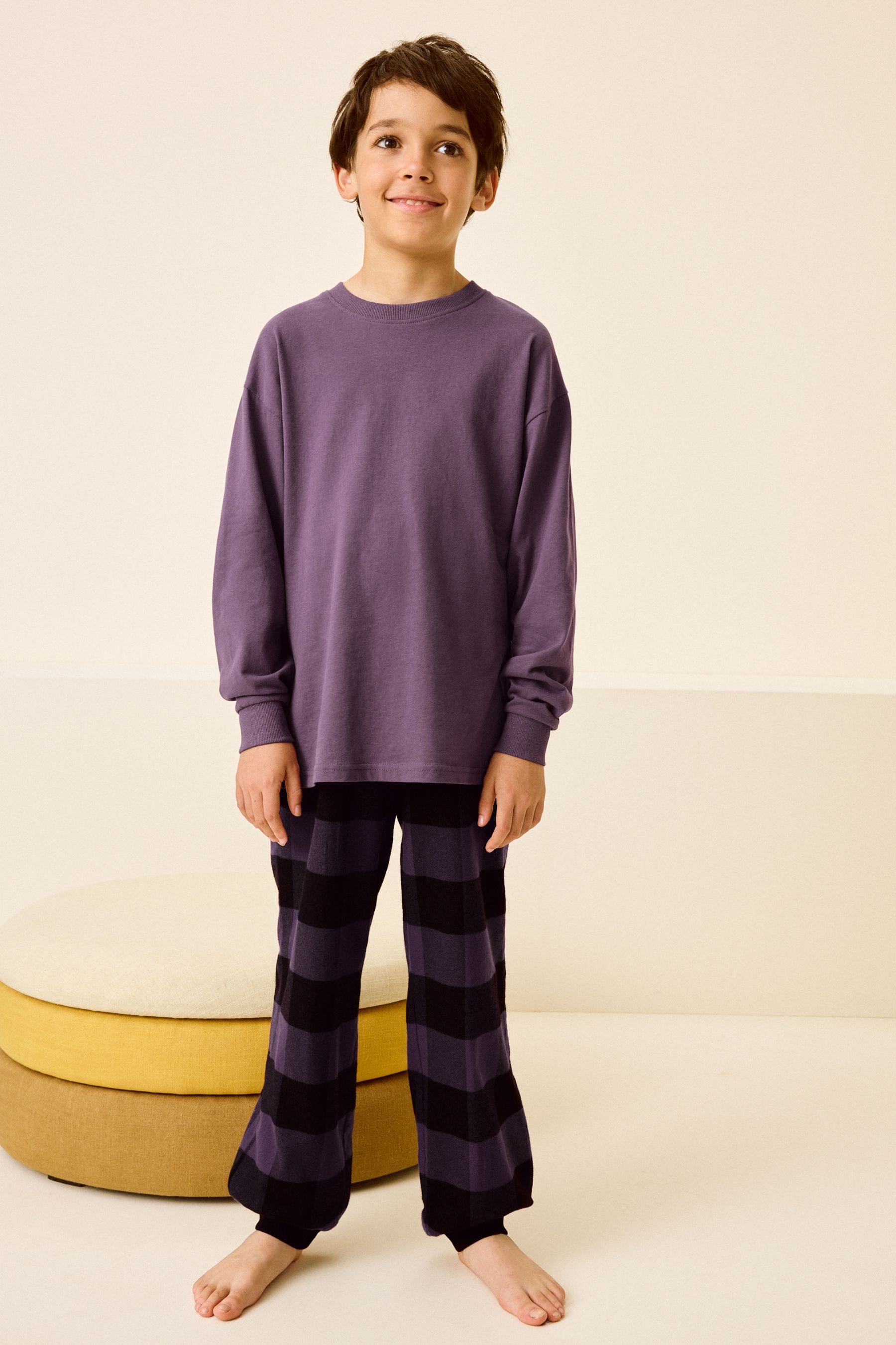 Purple Check 100% Cotton Single Long Sleeve Long Leg Woven Pyjamas (4-16yrs)