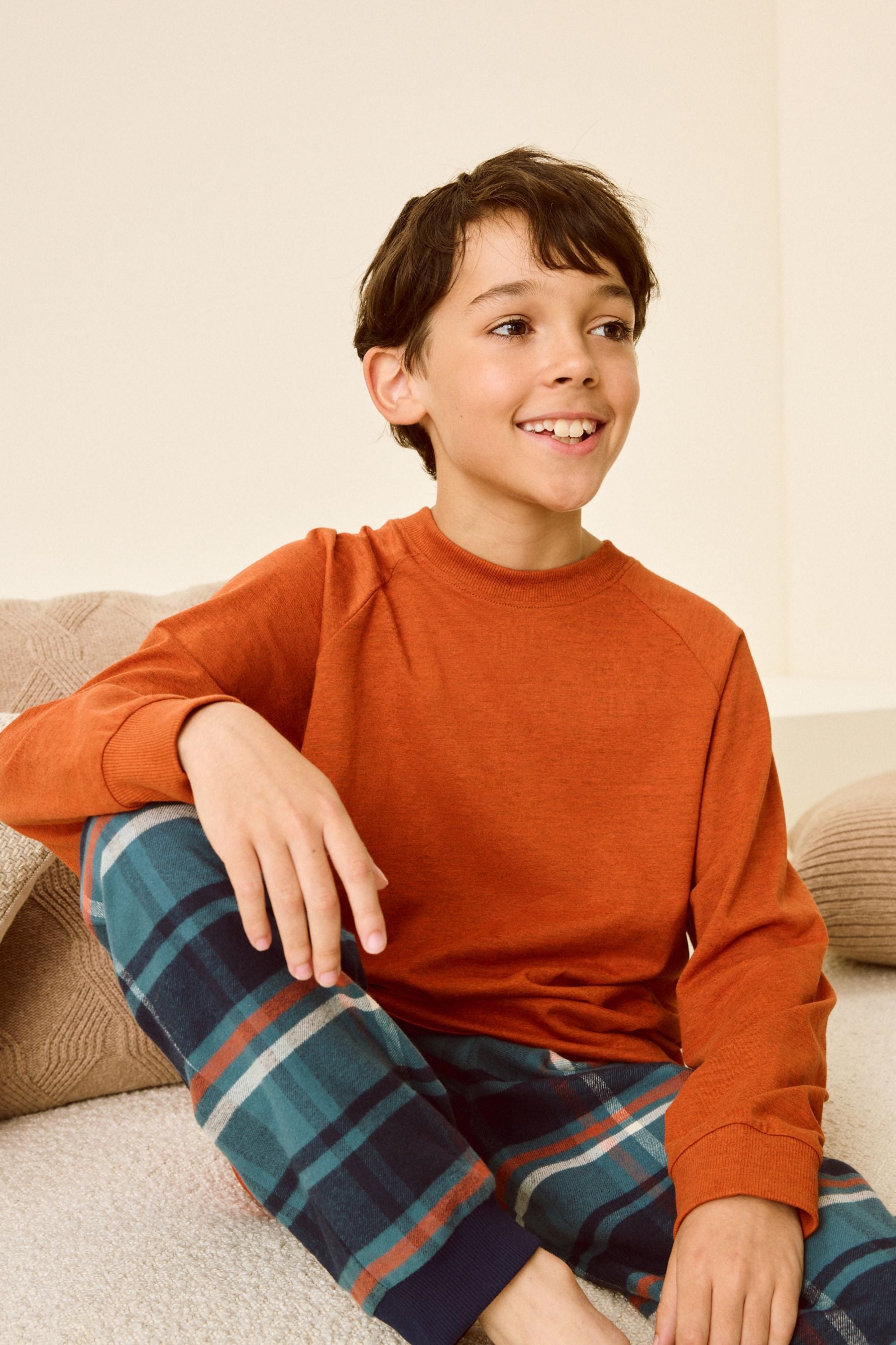 Orange Check Single Long Sleeves Woven 100% Cotton Pyjamas (4-16yrs)