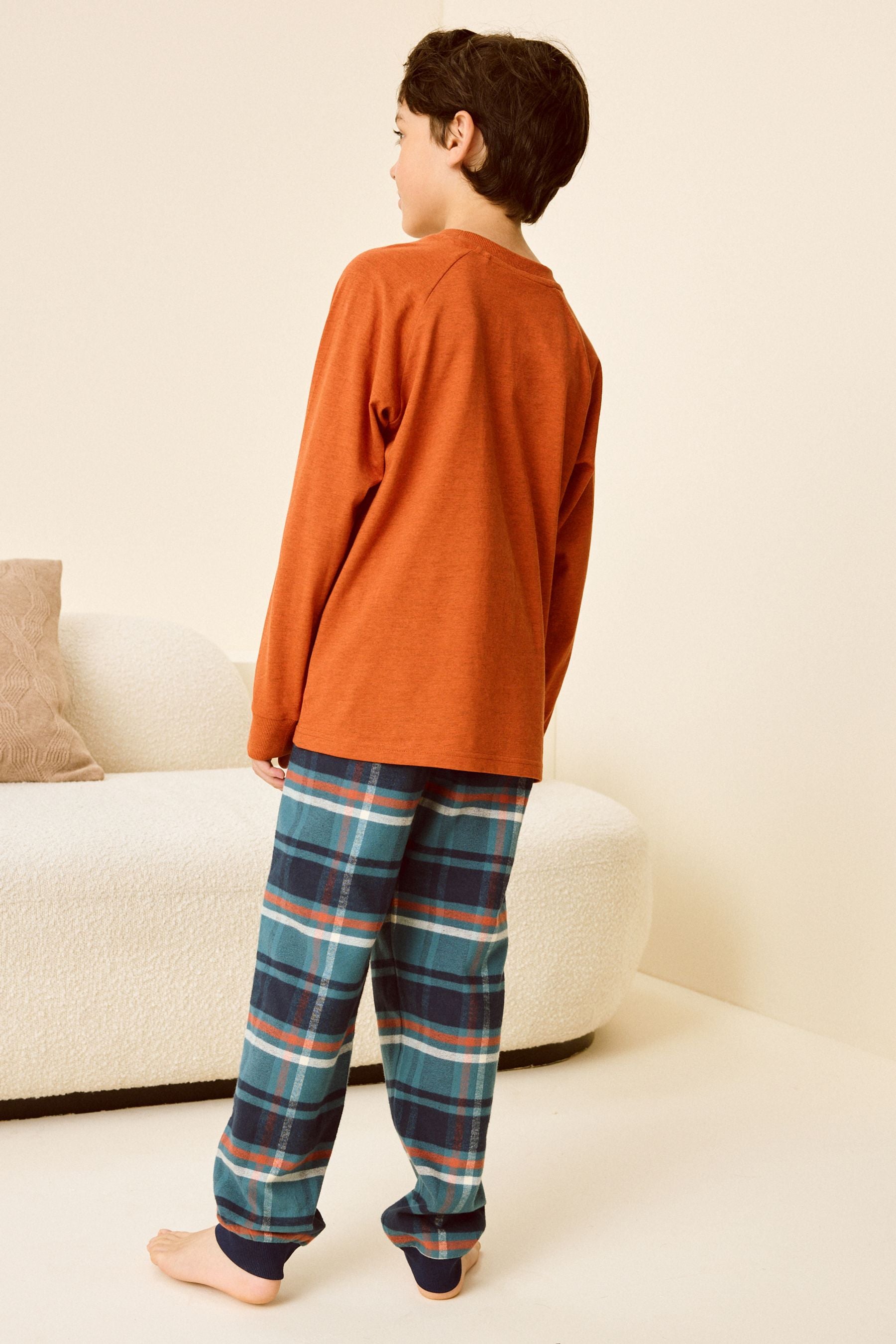 Orange Check Single Long Sleeves Woven 100% Cotton Pyjamas (4-16yrs)