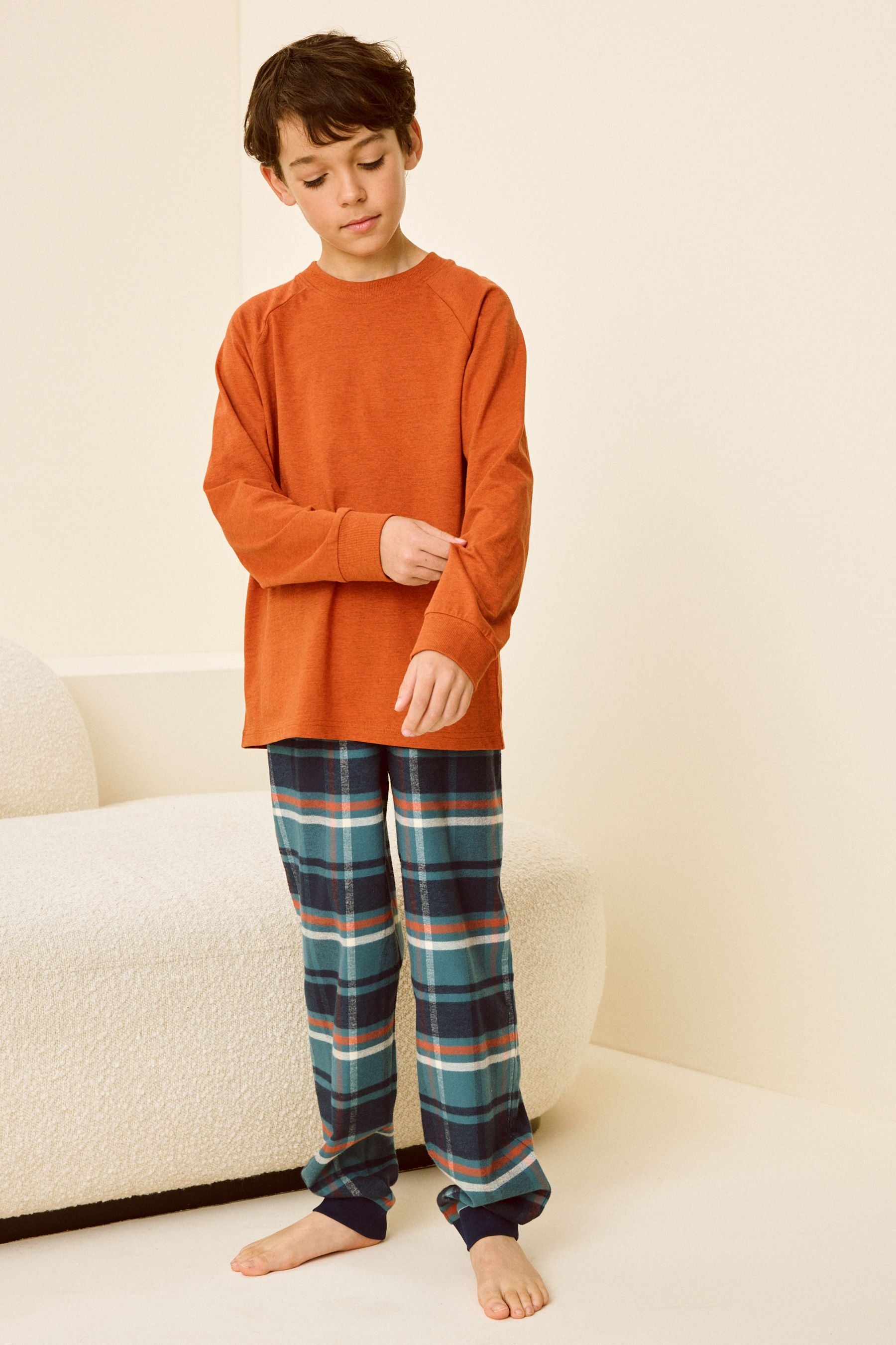 Orange Check Single Long Sleeves Woven 100% Cotton Pyjamas (4-16yrs)