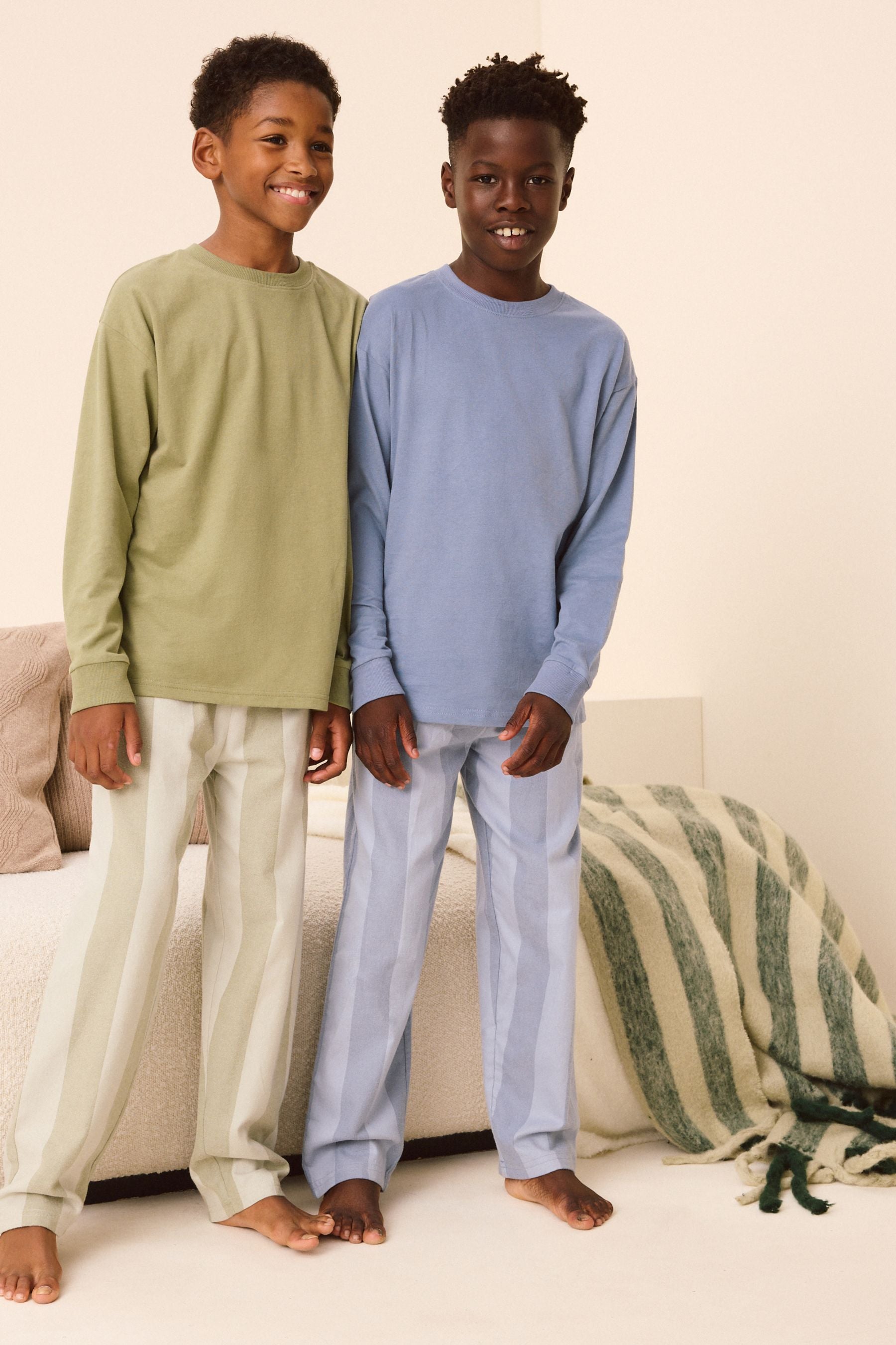 Blue/Sage Green Stripe Long Sleeve Woven Check 100% Cotton Pyjamas 2 Pack (3-16yrs)