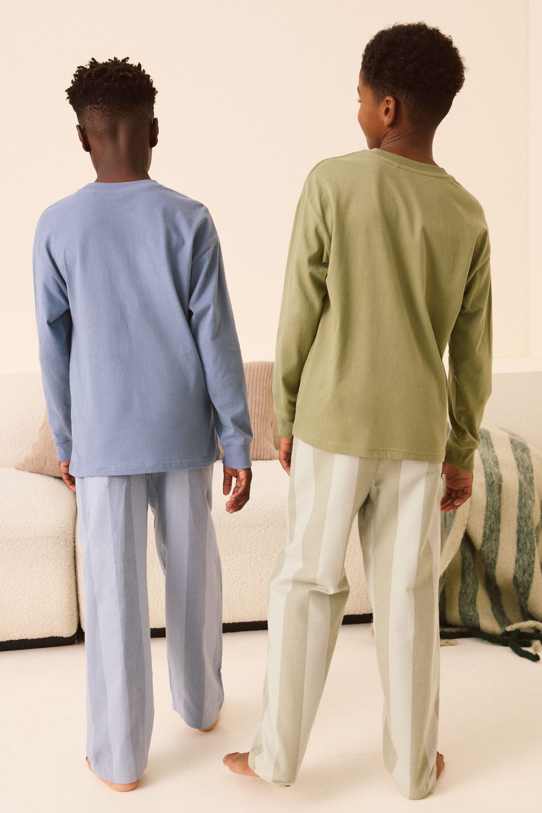 Blue/Sage Green Stripe Long Sleeve Woven Check 100% Cotton Pyjamas 2 Pack (3-16yrs)