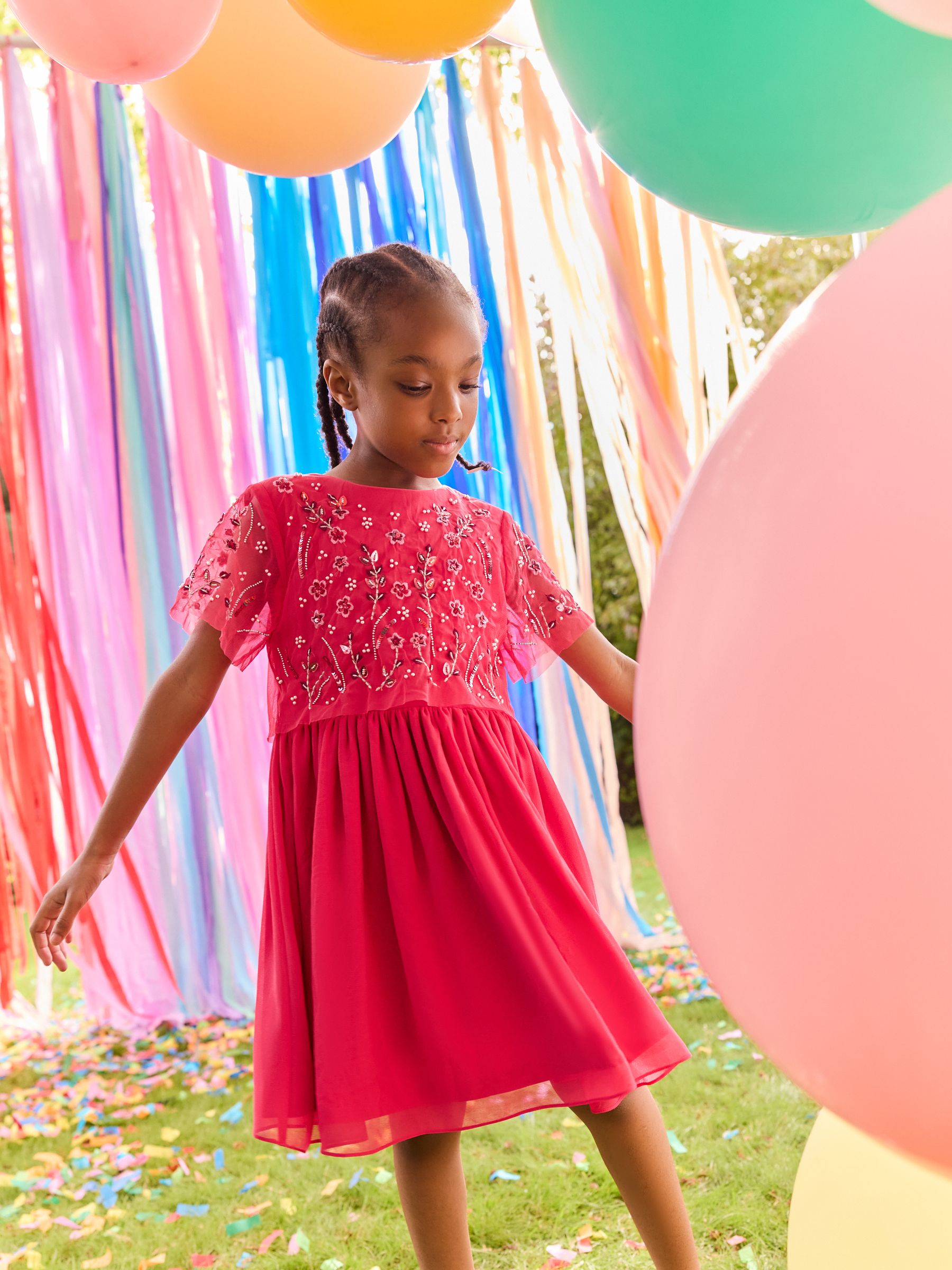 Bright Pink Sequin Embellished Mesh Dress (3-16yrs)