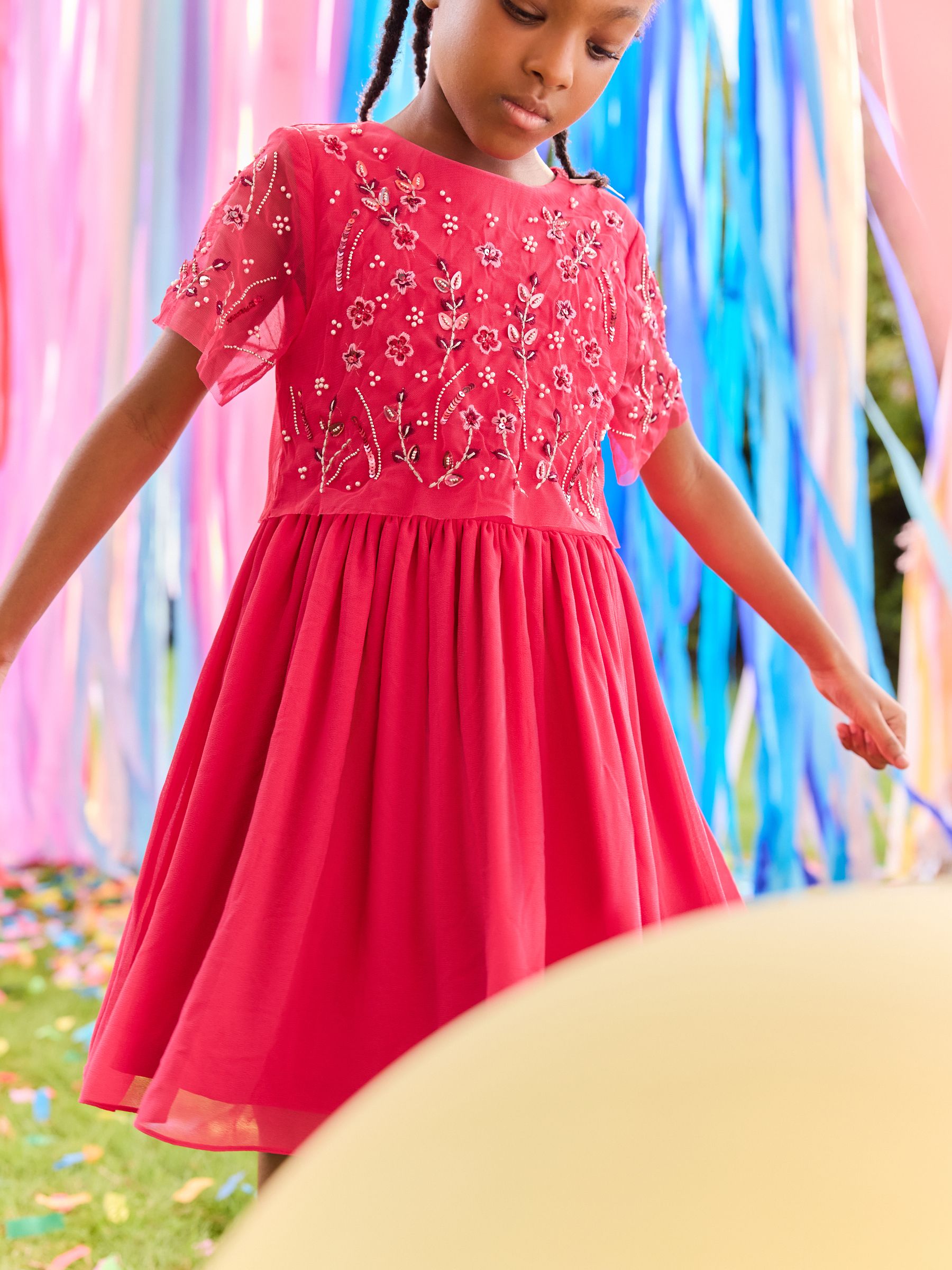 Bright Pink Sequin Embellished Mesh Dress (3-16yrs)