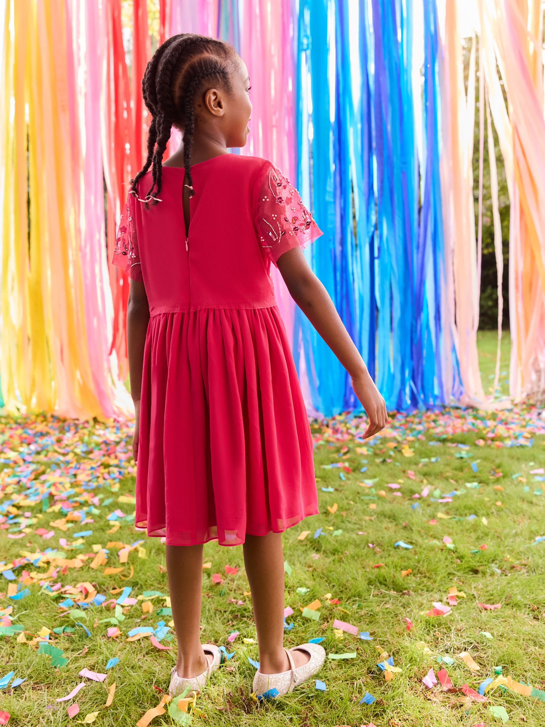 Bright Pink Sequin Embellished Mesh Dress (3-16yrs)