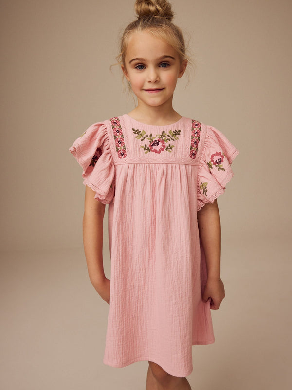 Pink Embroidered 100% Cotton Dress (3-16yrs)