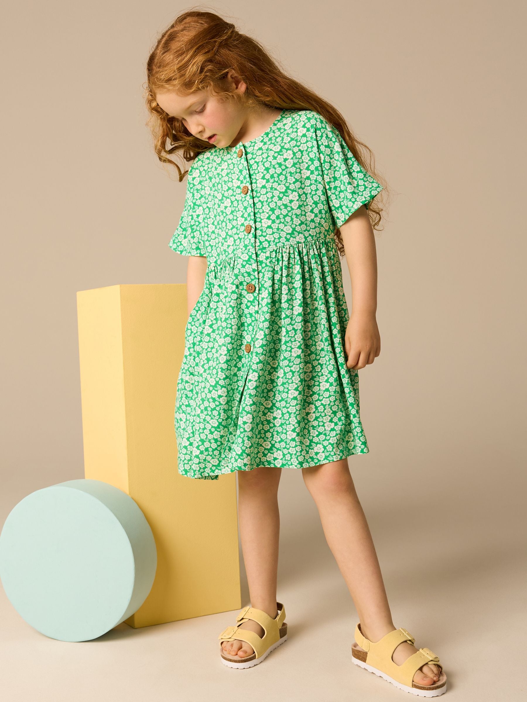 Green Ditsy Button Dress (3-16yrs)