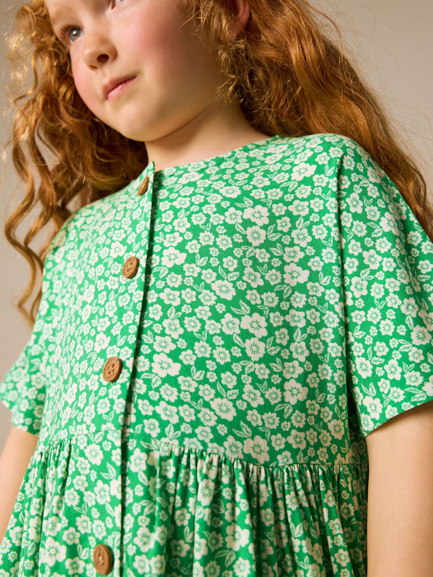 Green Ditsy Button Dress (3-16yrs)