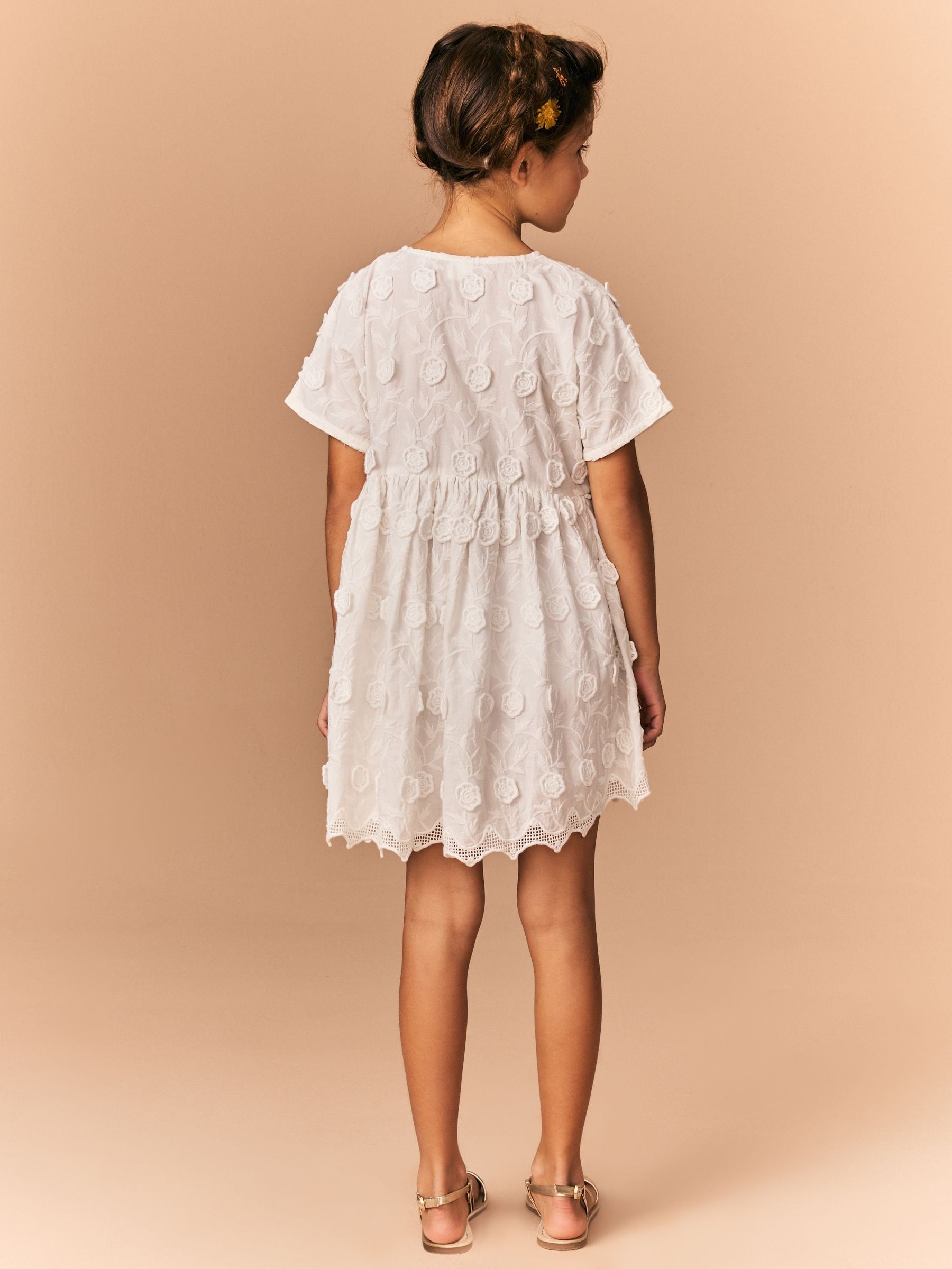 Cream Flower Embroidered 100% Cotton Dress (3-16yrs)