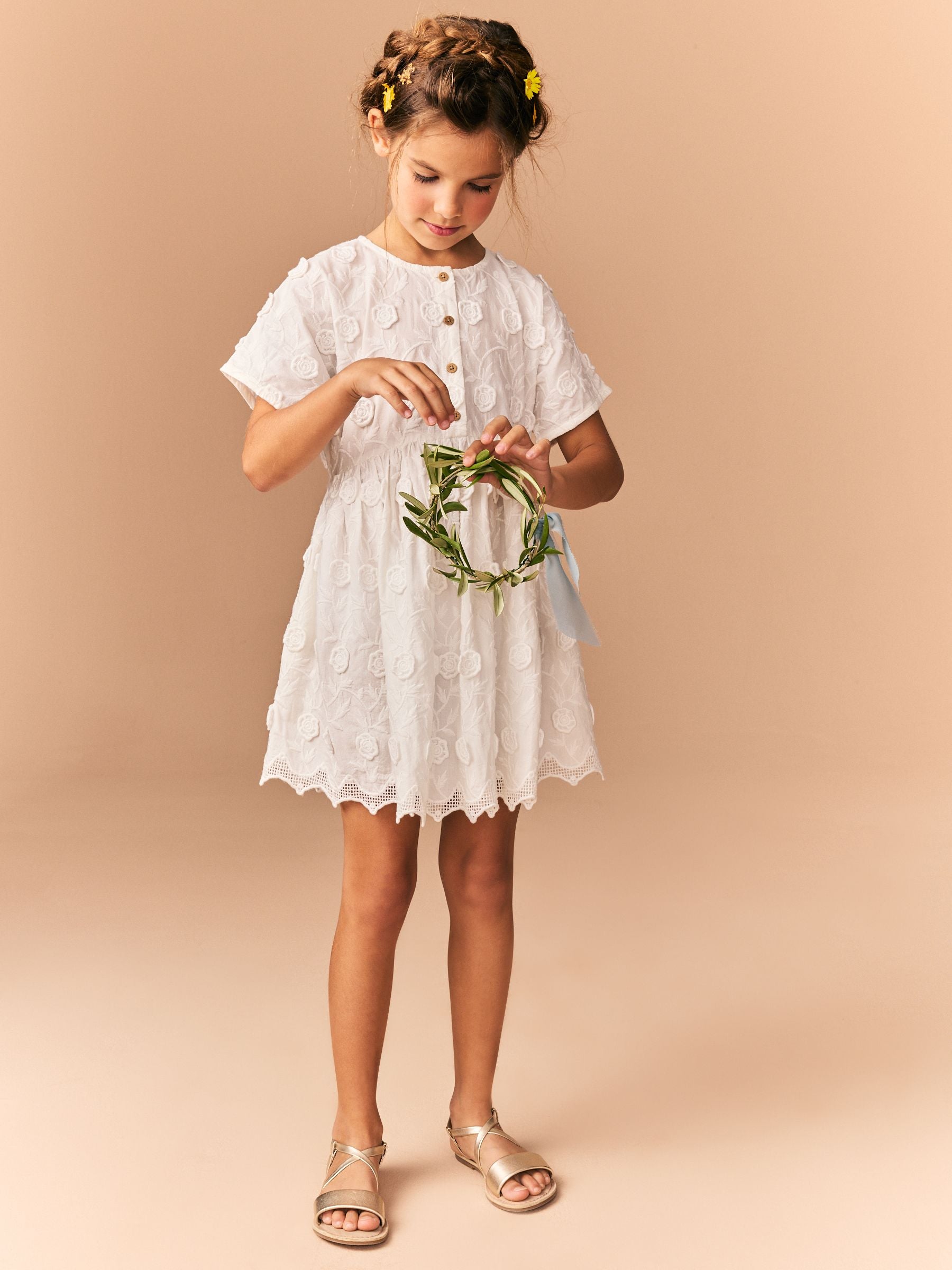 Cream Flower Embroidered 100% Cotton Dress (3-16yrs)