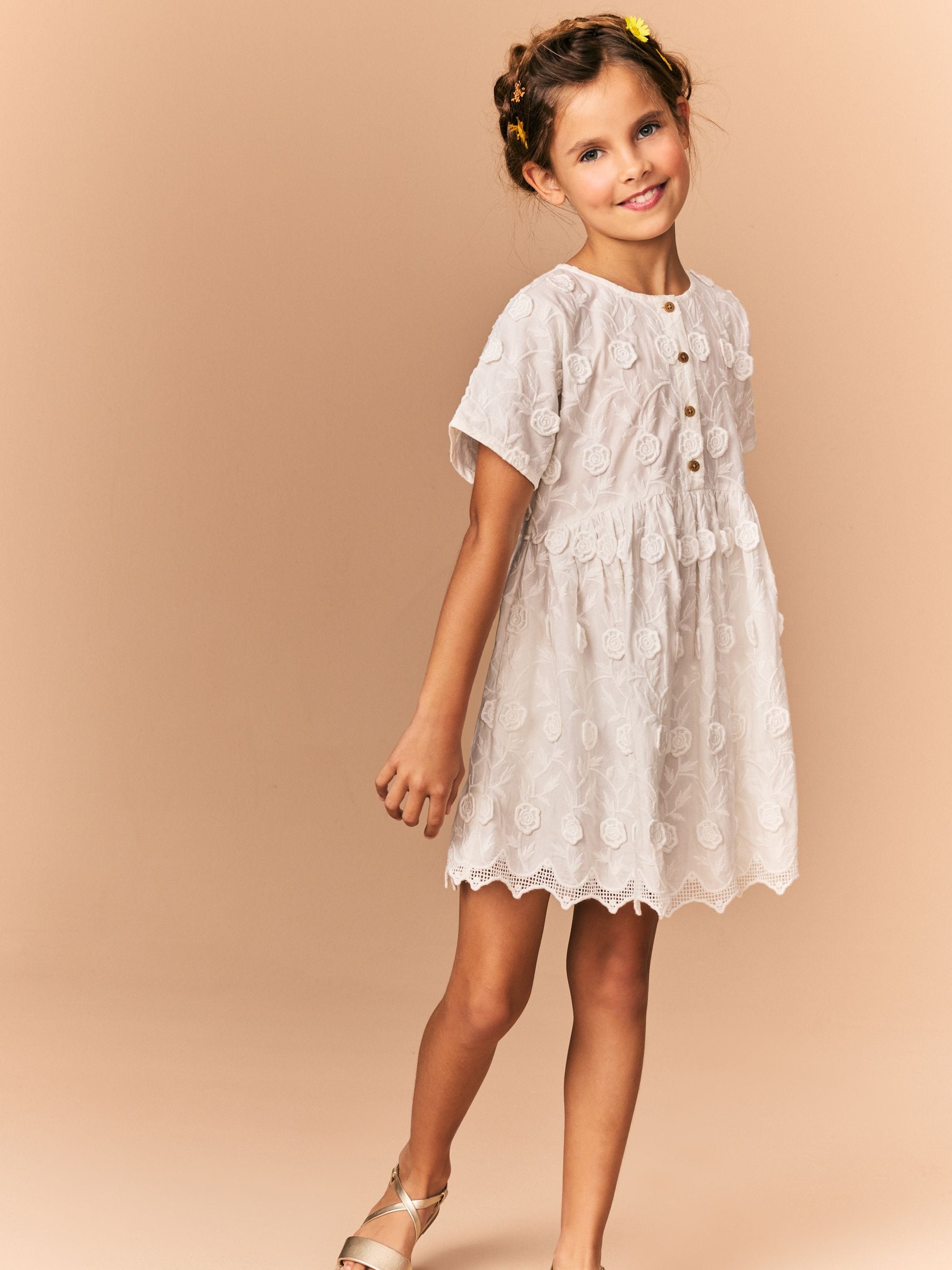 Cream Flower Embroidered 100% Cotton Dress (3-16yrs)