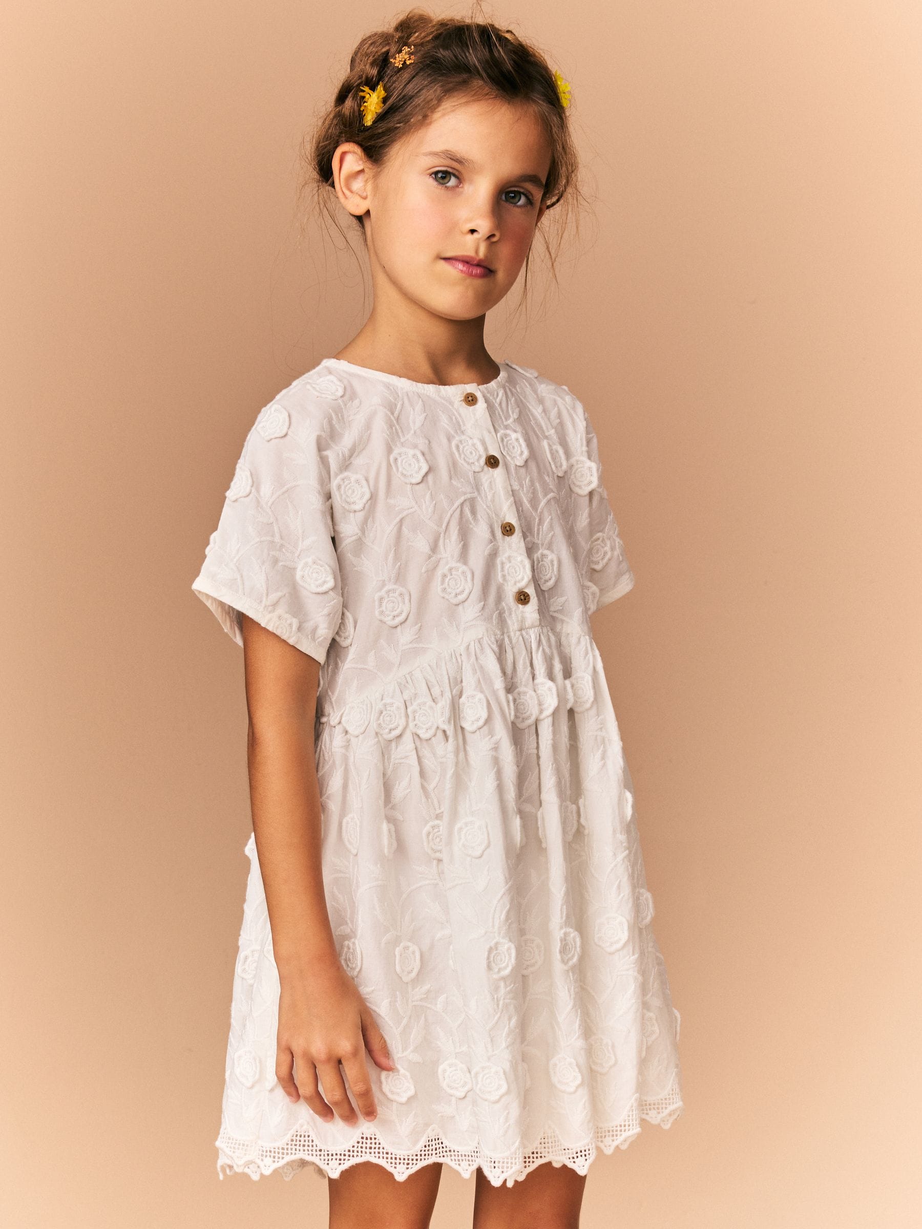 Cream Flower Embroidered 100% Cotton Dress (3-16yrs)