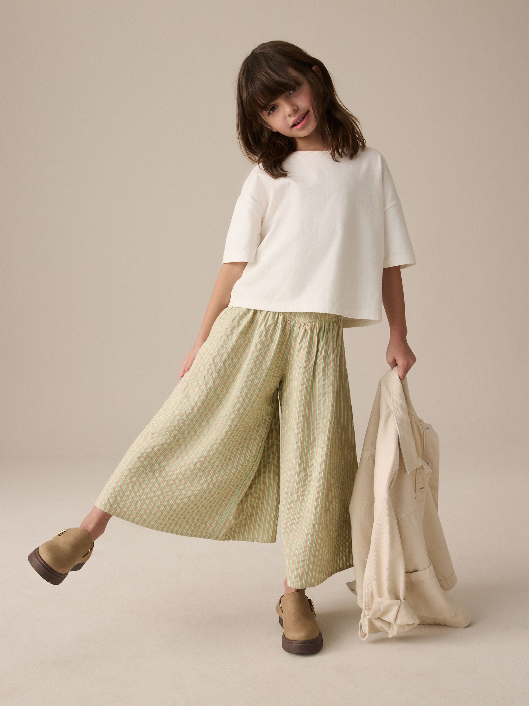 Neutral Green Stripe Culotte Trousers (3-16yrs)