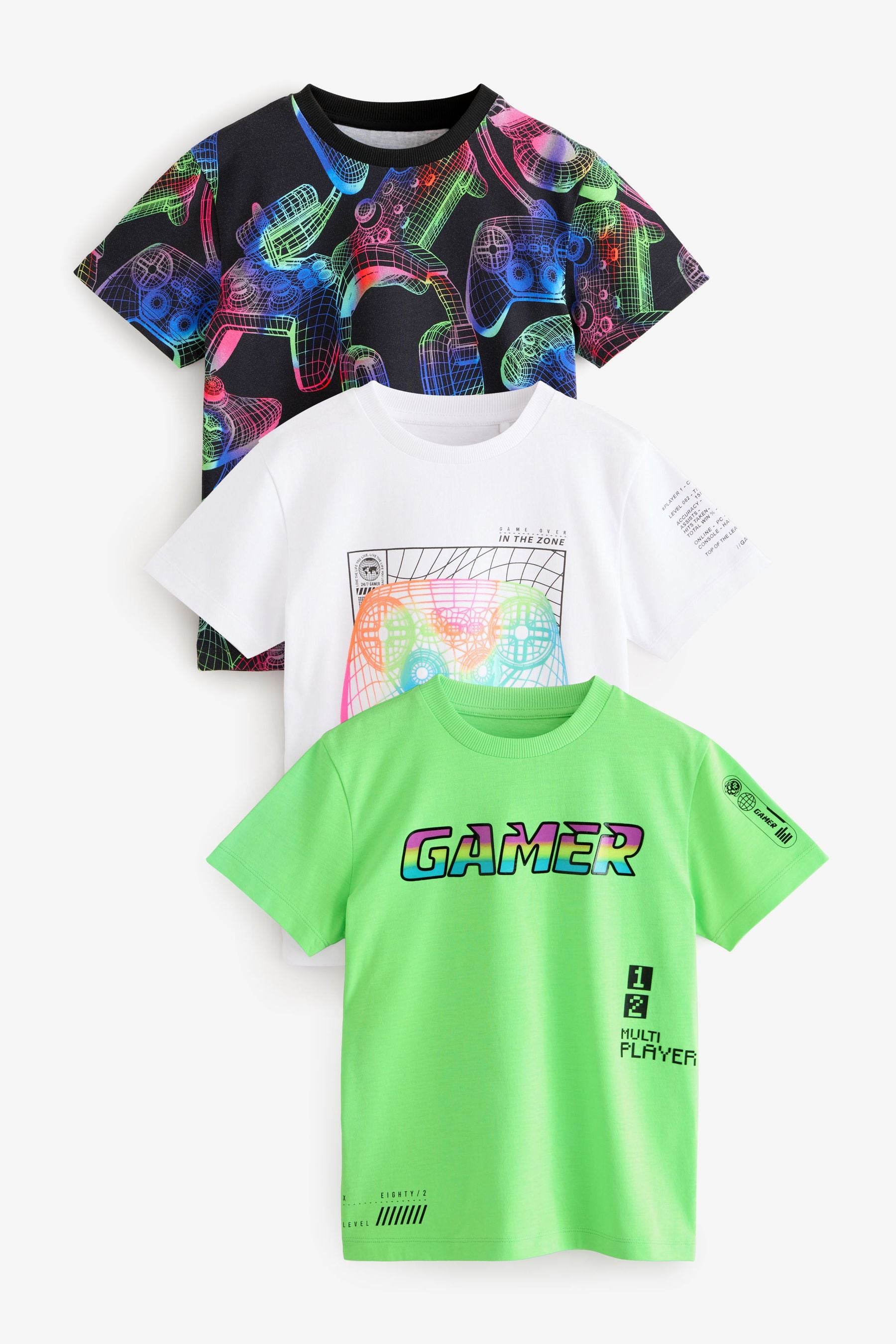 Black/White/Fluro Green Gamer Regular Fit Graphic Short Sleeve T-Shirts 3 Pack (3-16yrs)