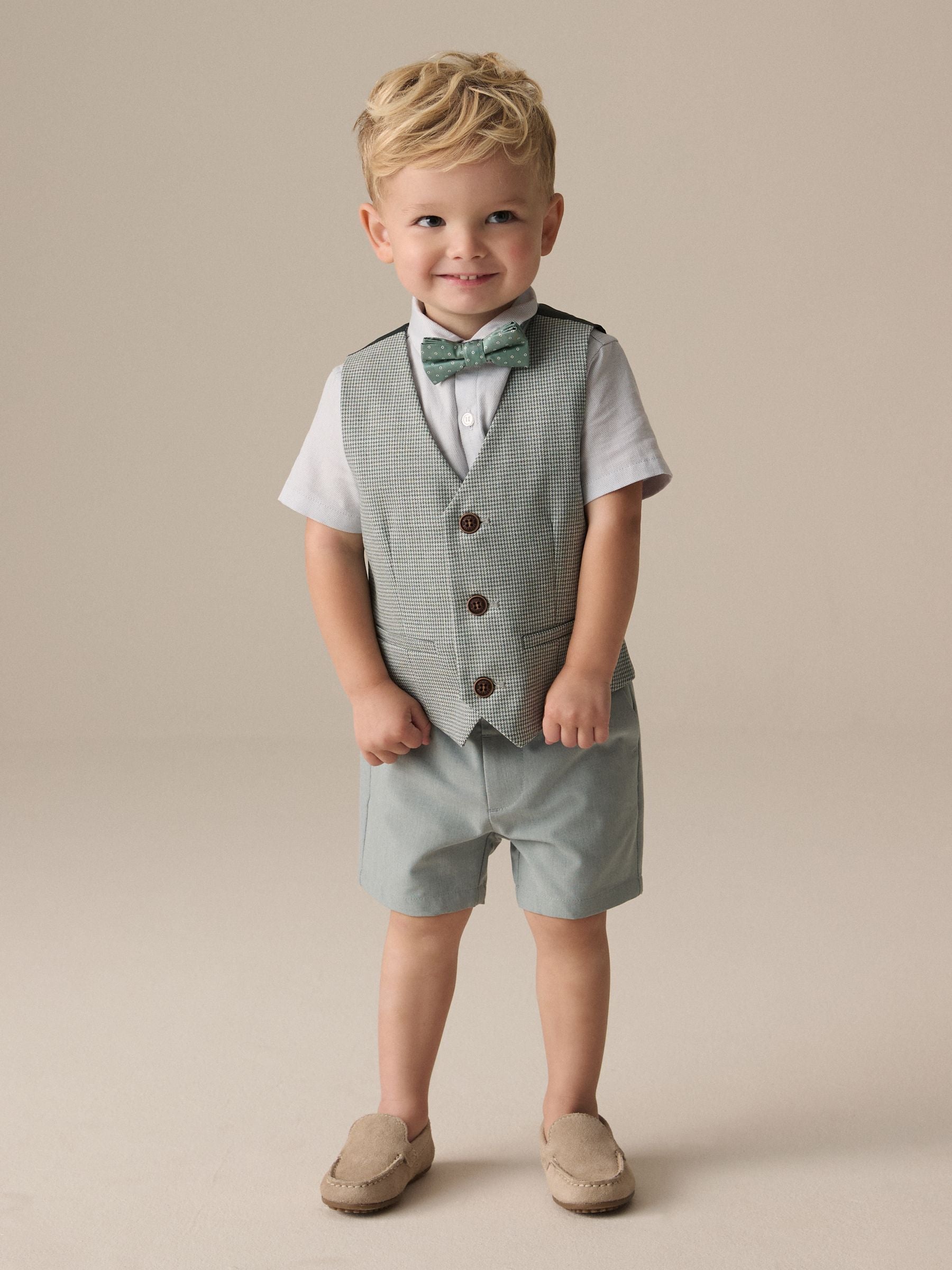 Sage Green Puppytooth Waistcoat, Shirt, Shorts and Bow Tie Set (3mths-9yrs)