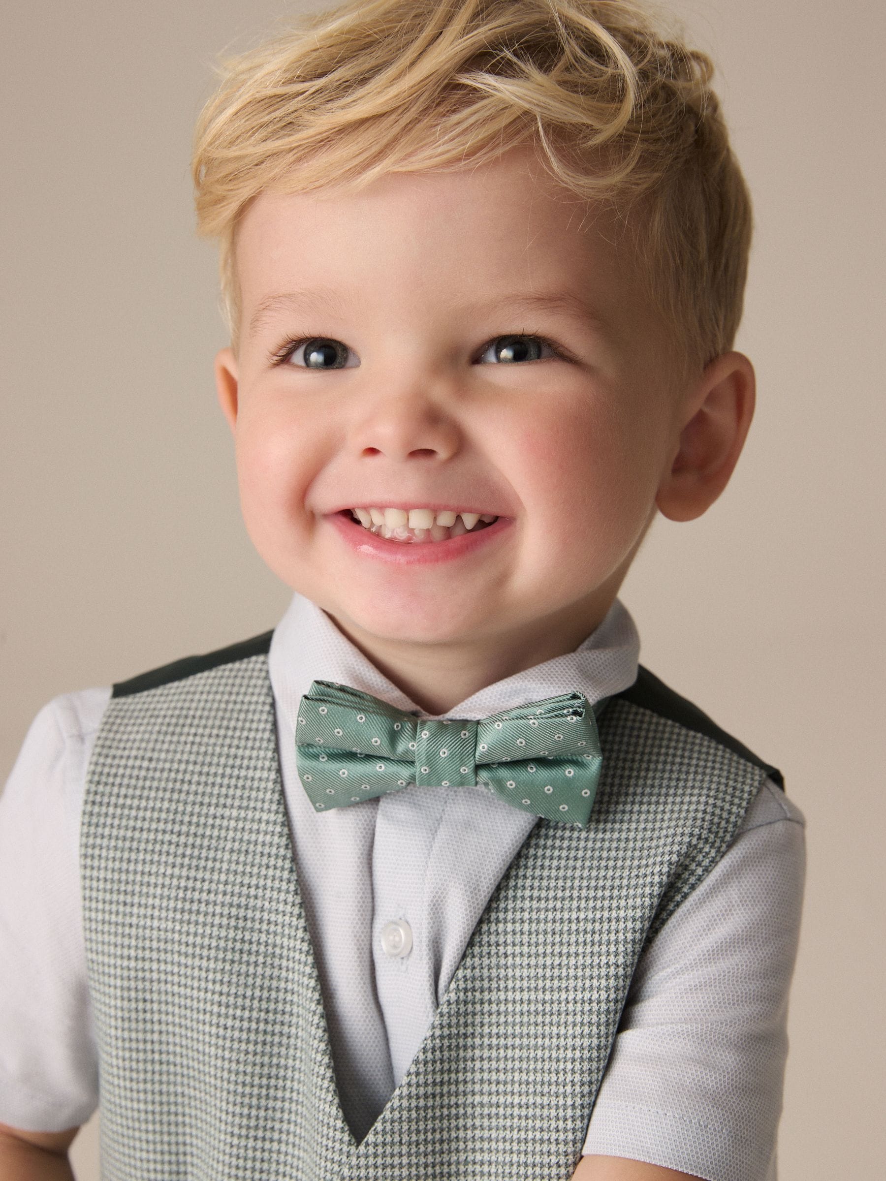 Sage Green Puppytooth Waistcoat, Shirt, Shorts and Bow Tie Set (3mths-9yrs)