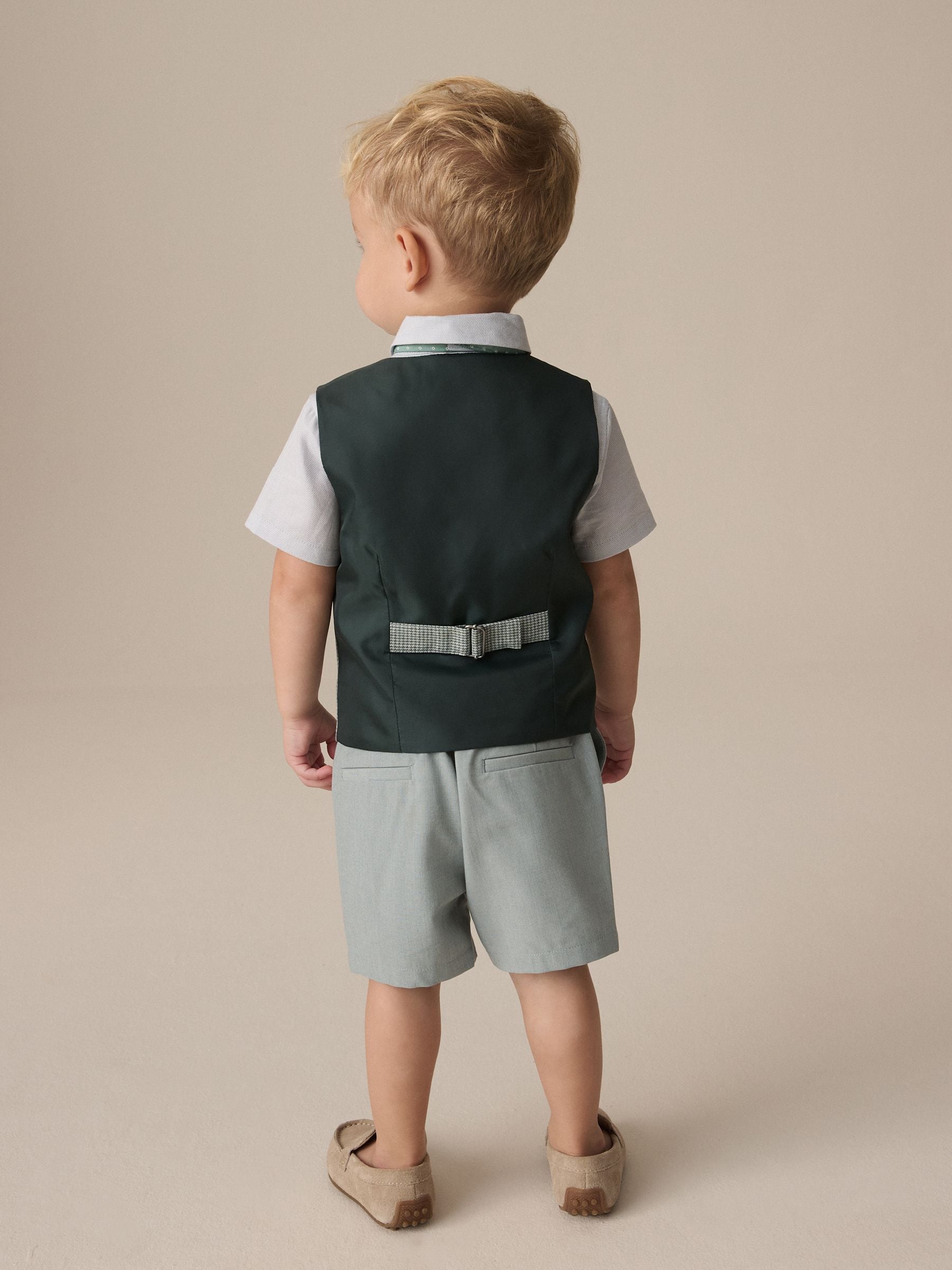 Sage Green Puppytooth Waistcoat, Shirt, Shorts and Bow Tie Set (3mths-9yrs)