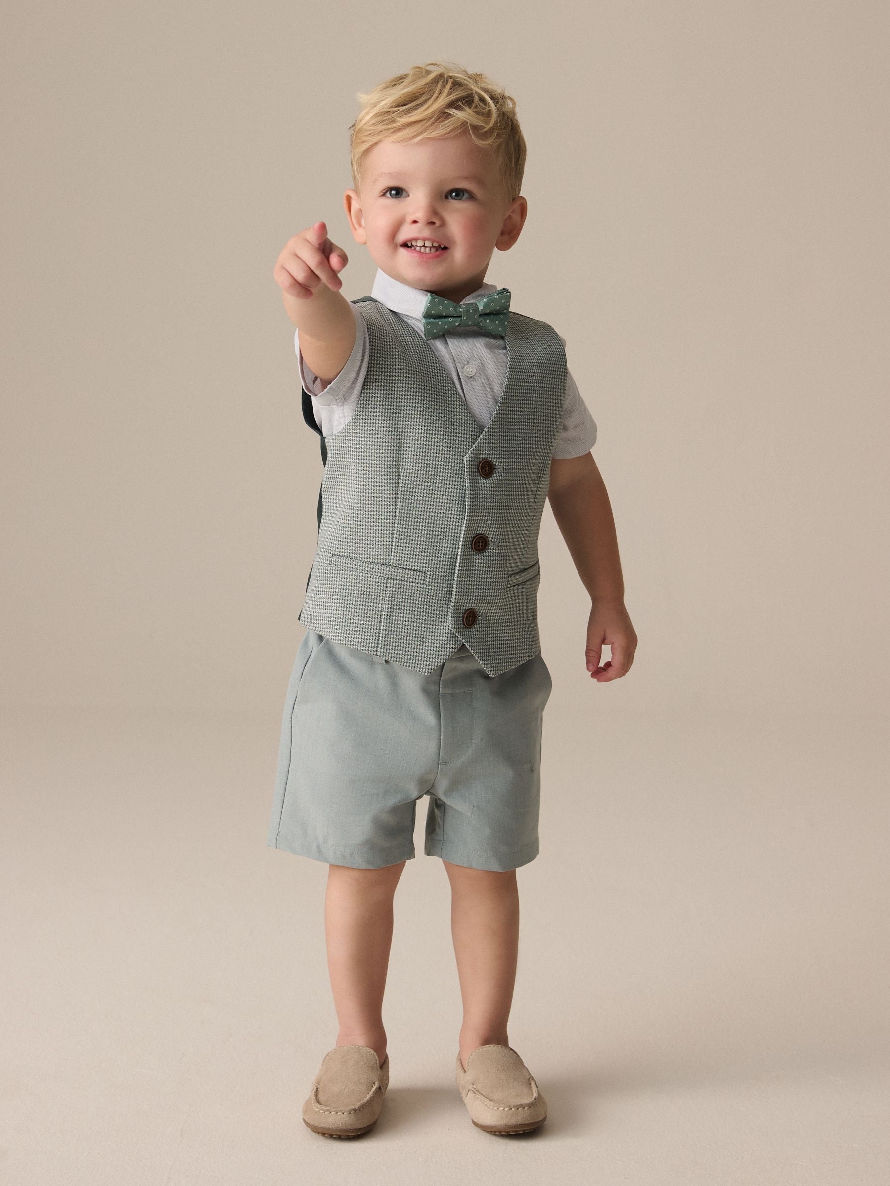 Sage Green Puppytooth Waistcoat, Shirt, Shorts and Bow Tie Set (3mths-9yrs)