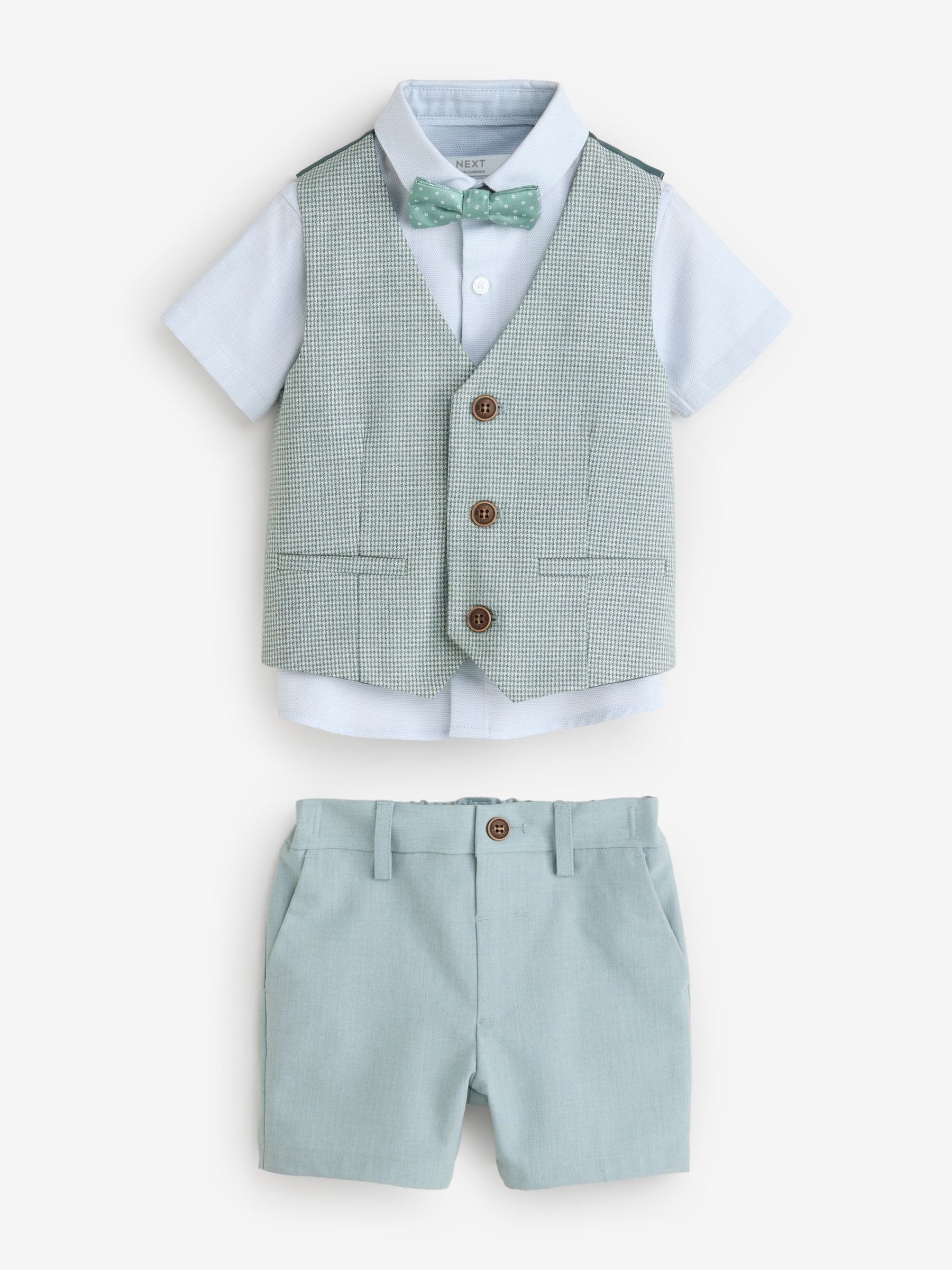 Sage Green Puppytooth Waistcoat, Shirt, Shorts and Bow Tie Set (3mths-9yrs)