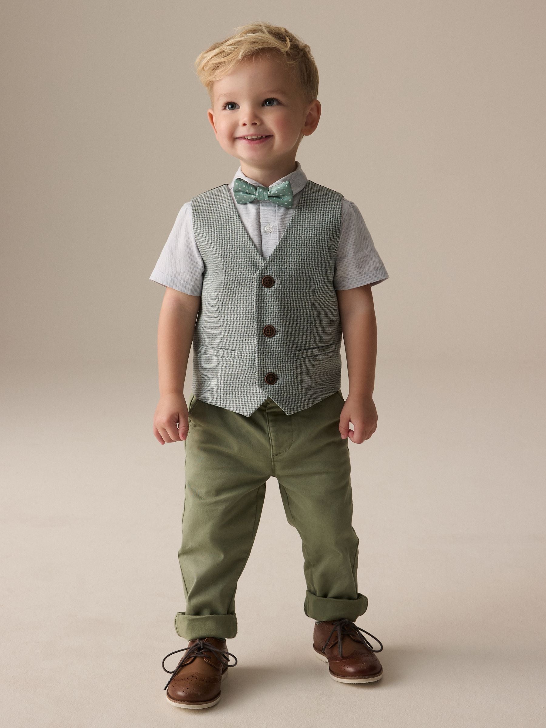 Sage Green Puppytooth Waistcoat, Shirt and Bow Tie Set (3mths-9yrs)