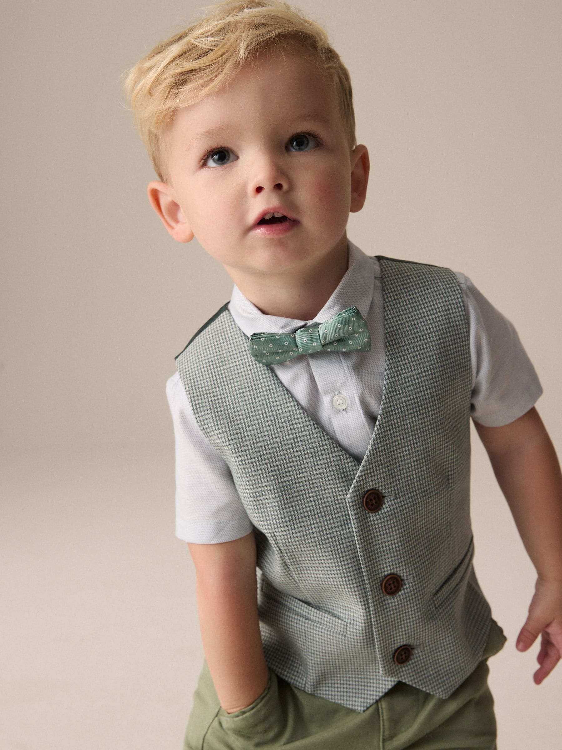 Sage Green Puppytooth Waistcoat, Shirt and Bow Tie Set (3mths-9yrs)